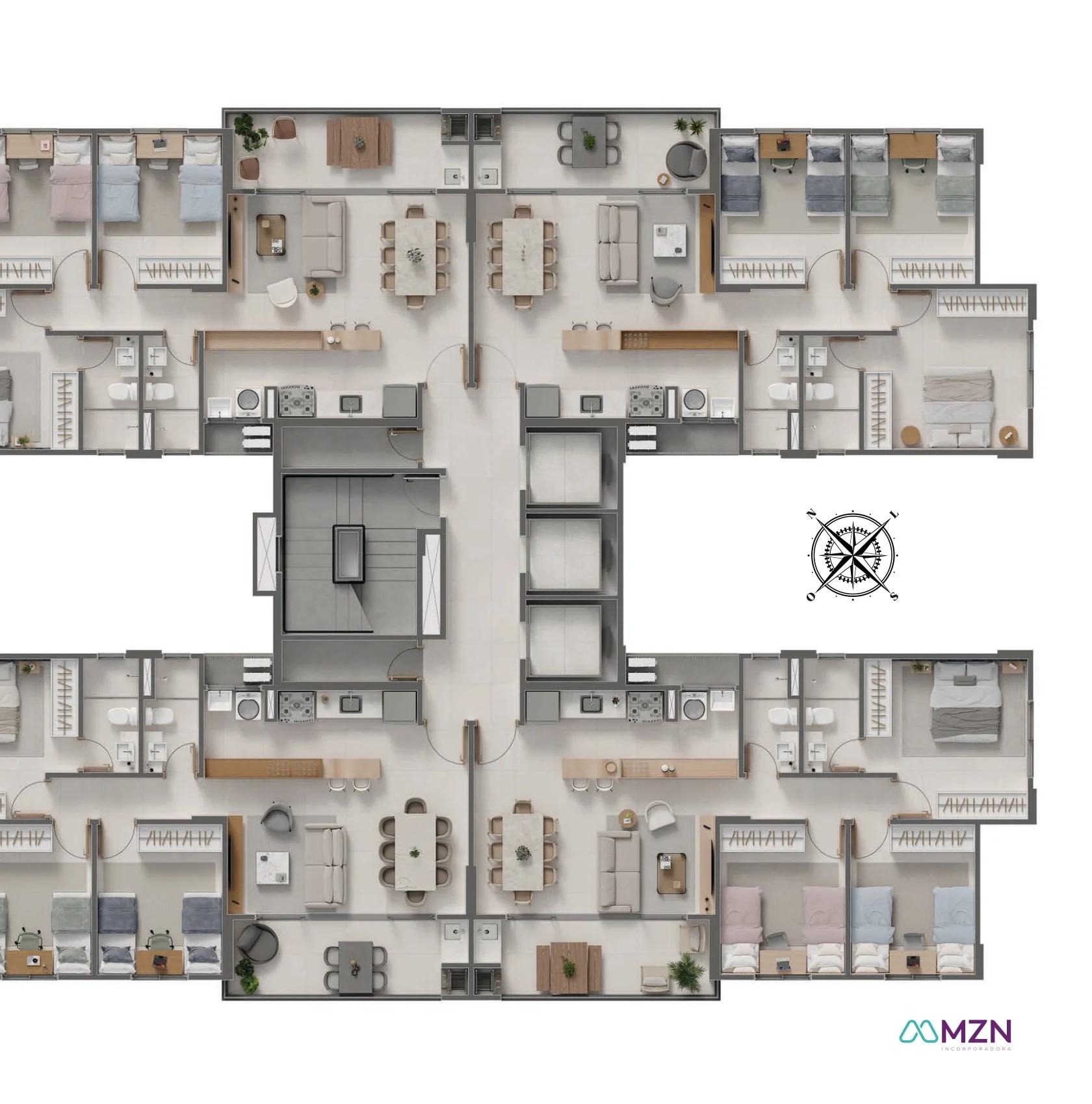 Planta — Apartamento 3 Quartos 1 Suíte 83m² — Pavimento tipo