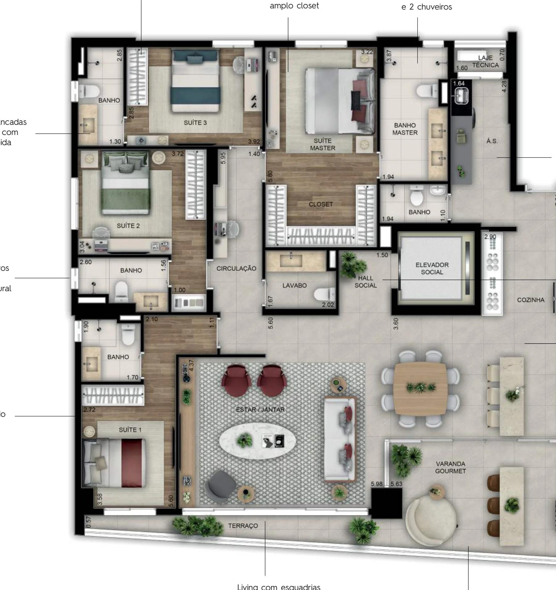 Planta — 3 ou 4 suítes (Final 1) — Final 1 · 208 m²