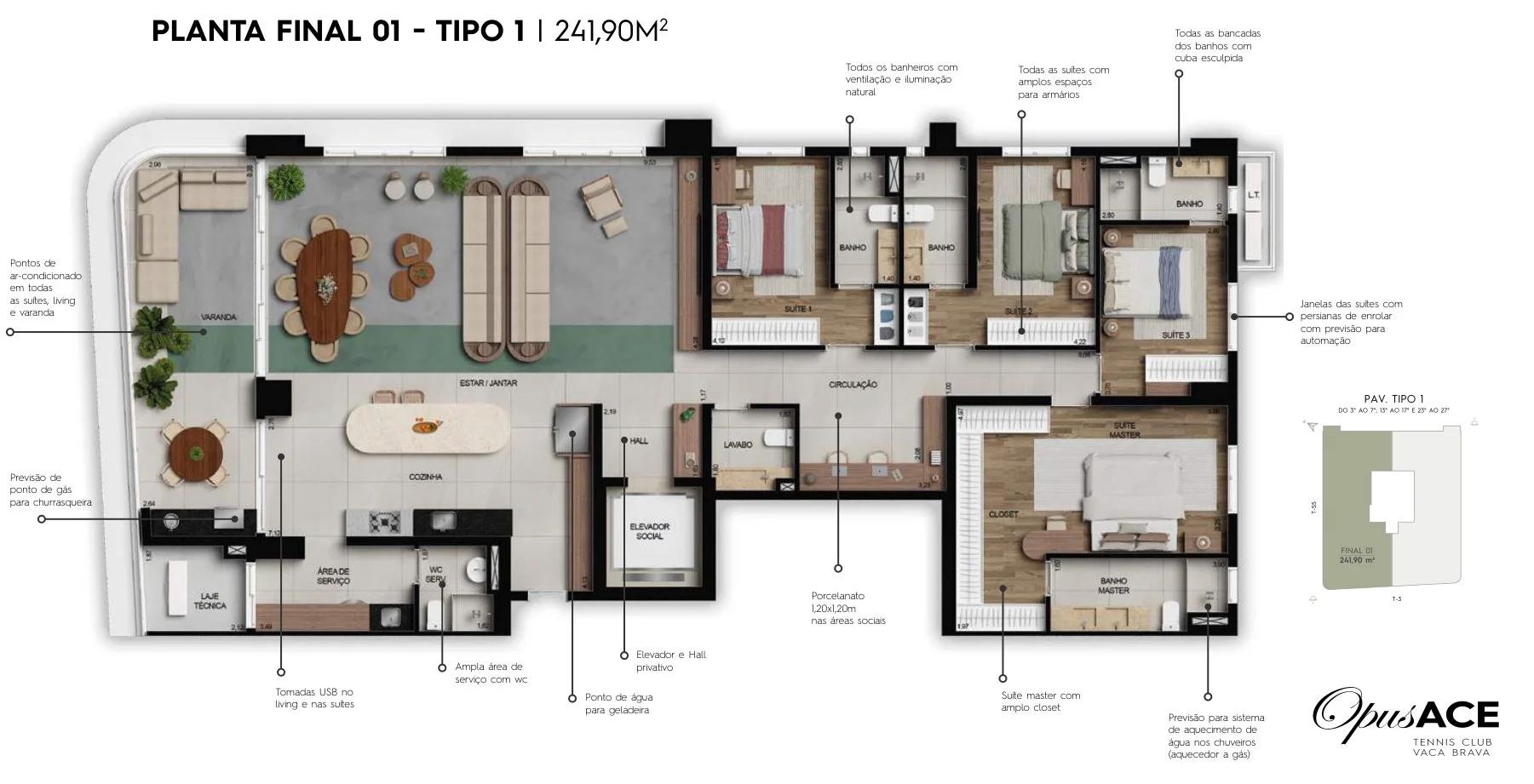 Planta — 3 ou 4 suítes (Final 01) — Final 01 · 241 m²