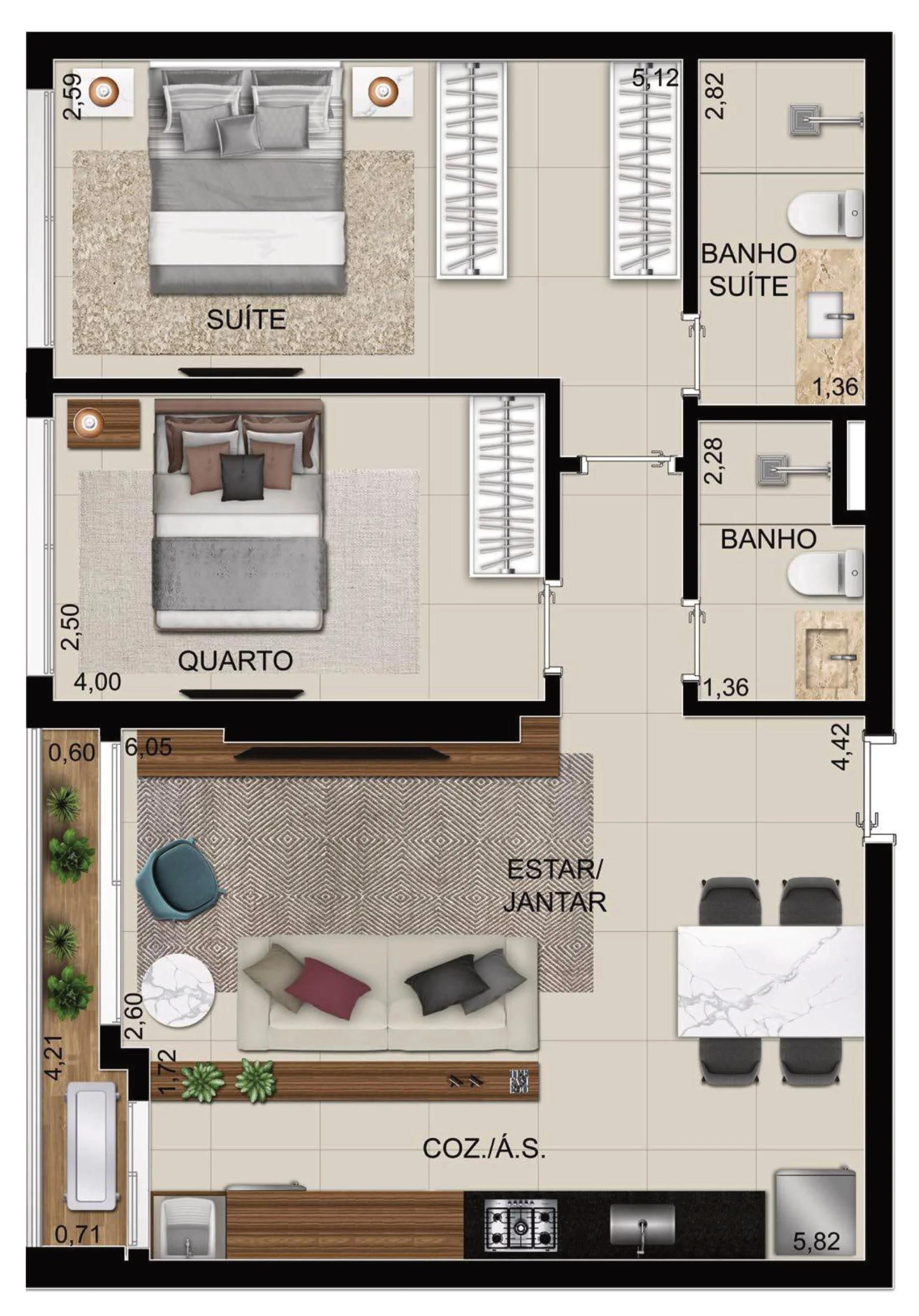 Planta — 2 quartos (1 suíte) — 70 m²
