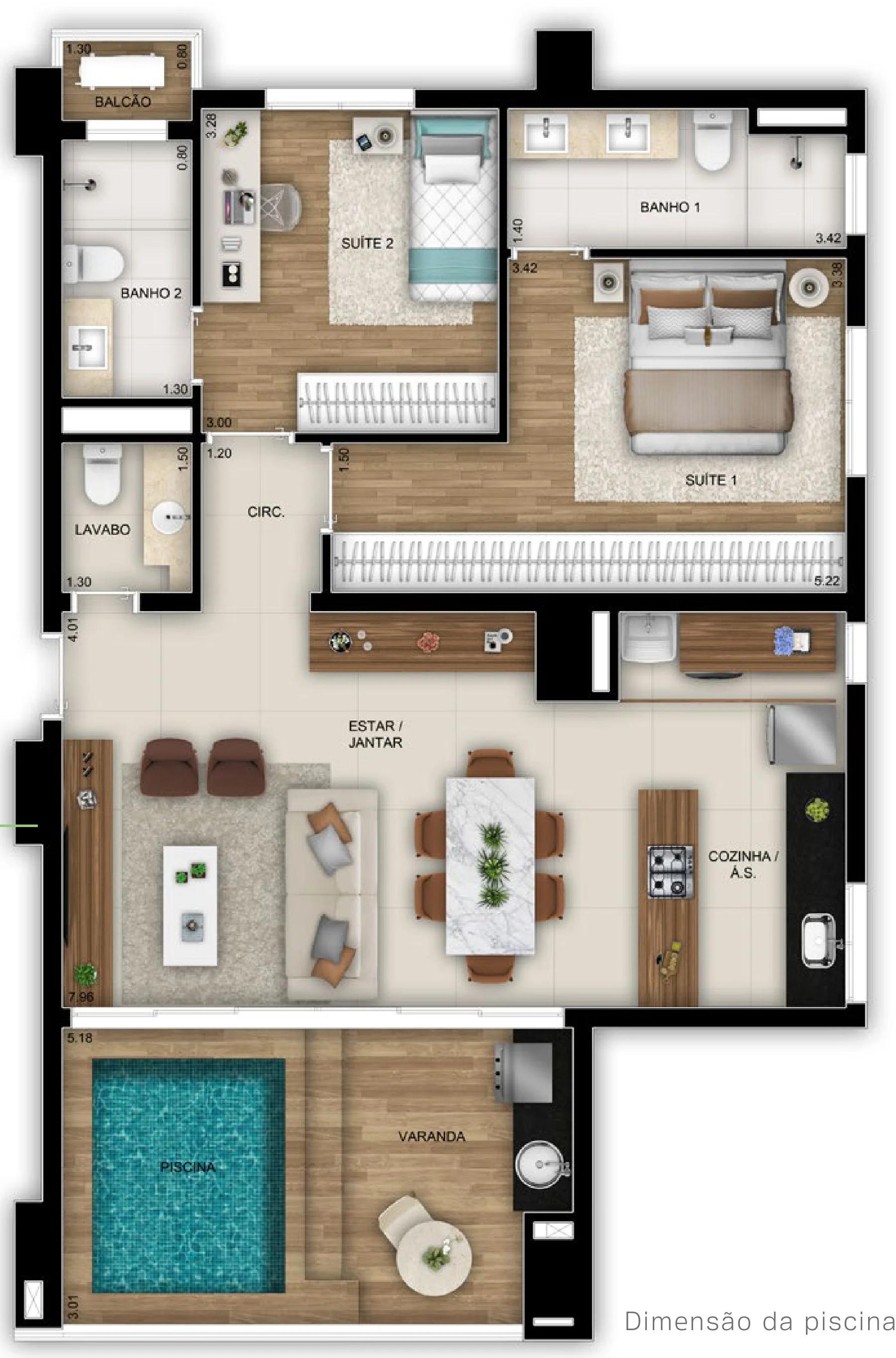 Planta — 2 suítes (poolhouse) — Final 6 · andar ímpar · 96 m²