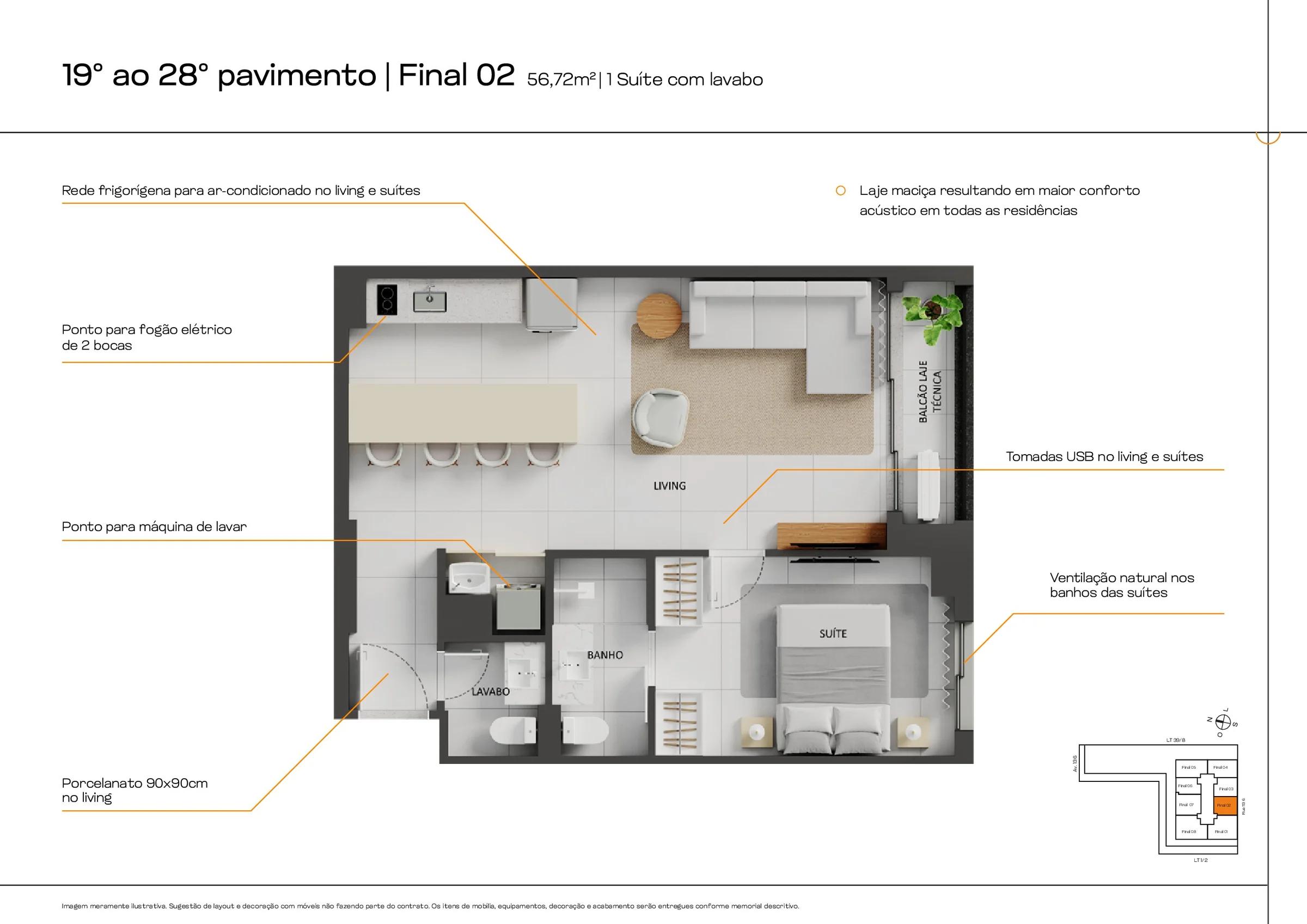 Planta — Apartamento 1 Suíte com Lavabo 57m² — Pavimento inferior