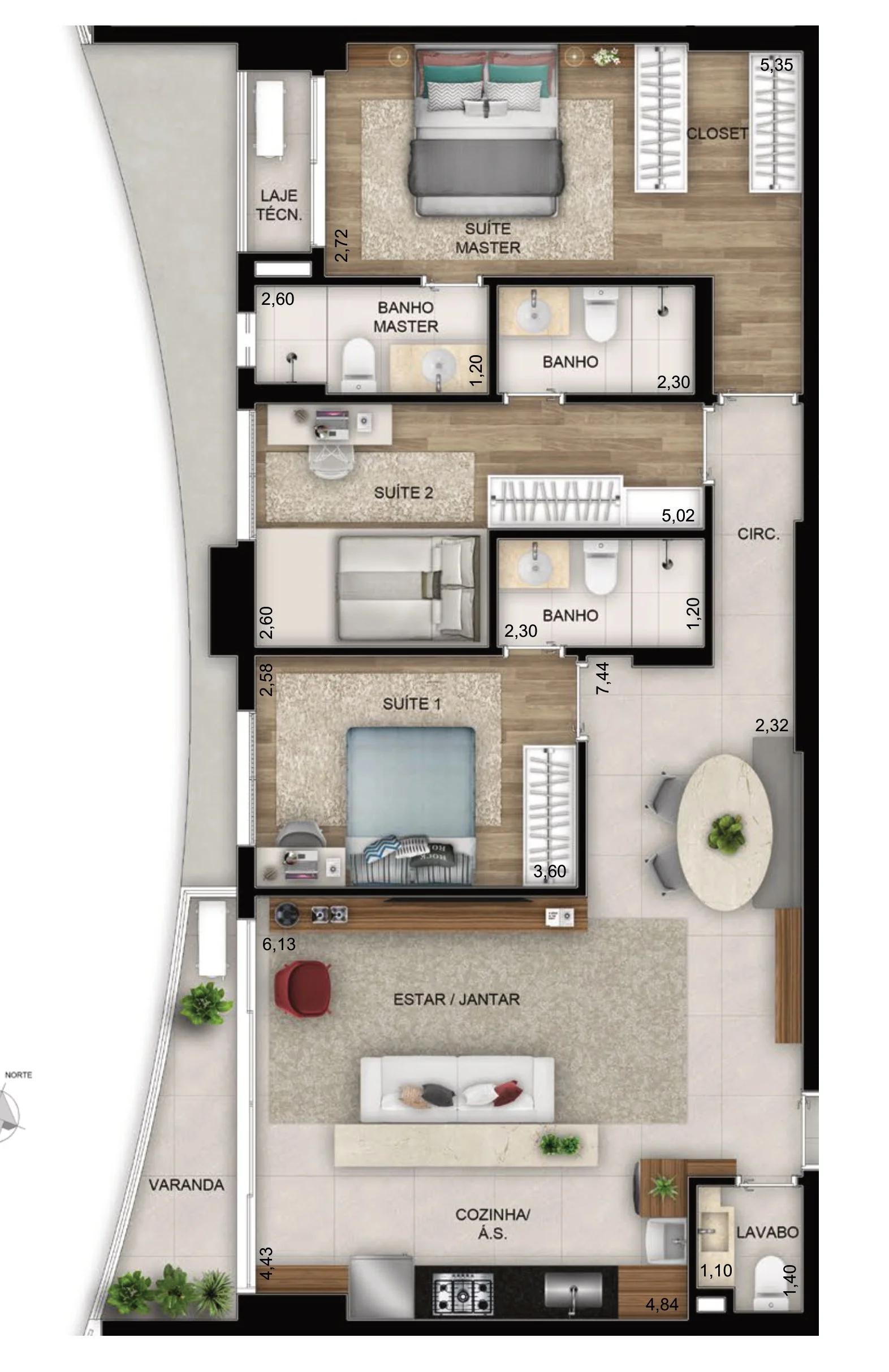 Planta — 3 suítes (100 m²) — Final 3 · 100 m²
