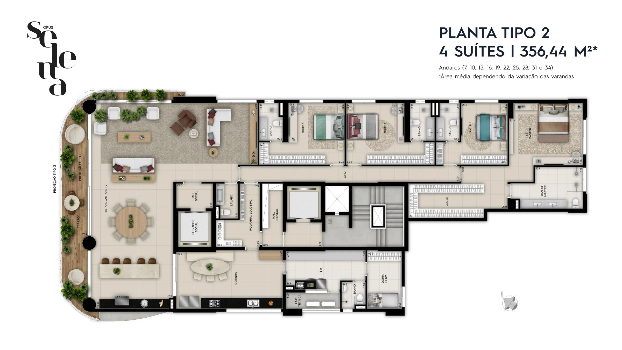 Planta — 3 ou 4 suítes — Planta tipo 2 · 4 suítes · 356 m²