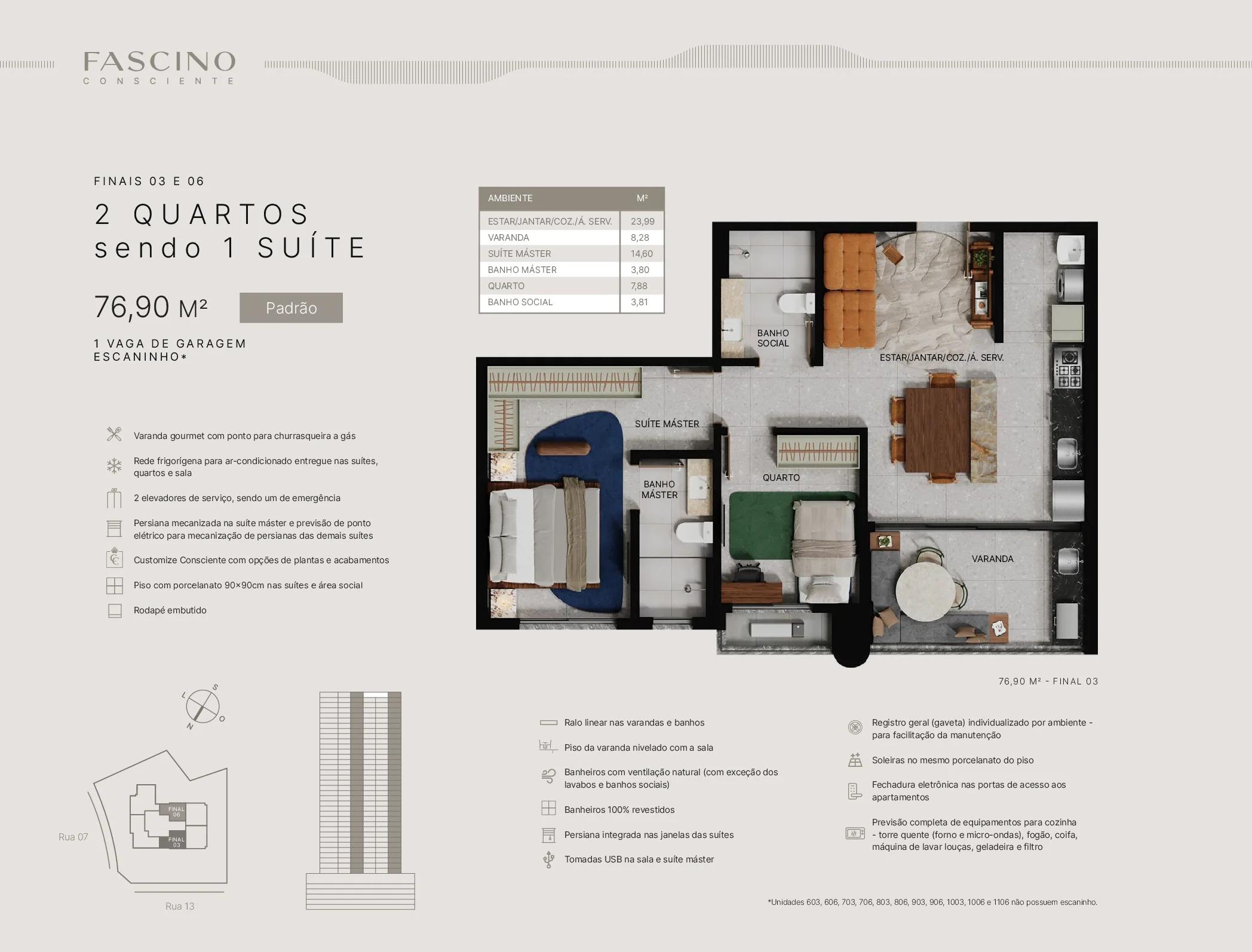 Planta — Apartamento 76m² - 2 Quartos (1 Suíte) — Pavimento inferior