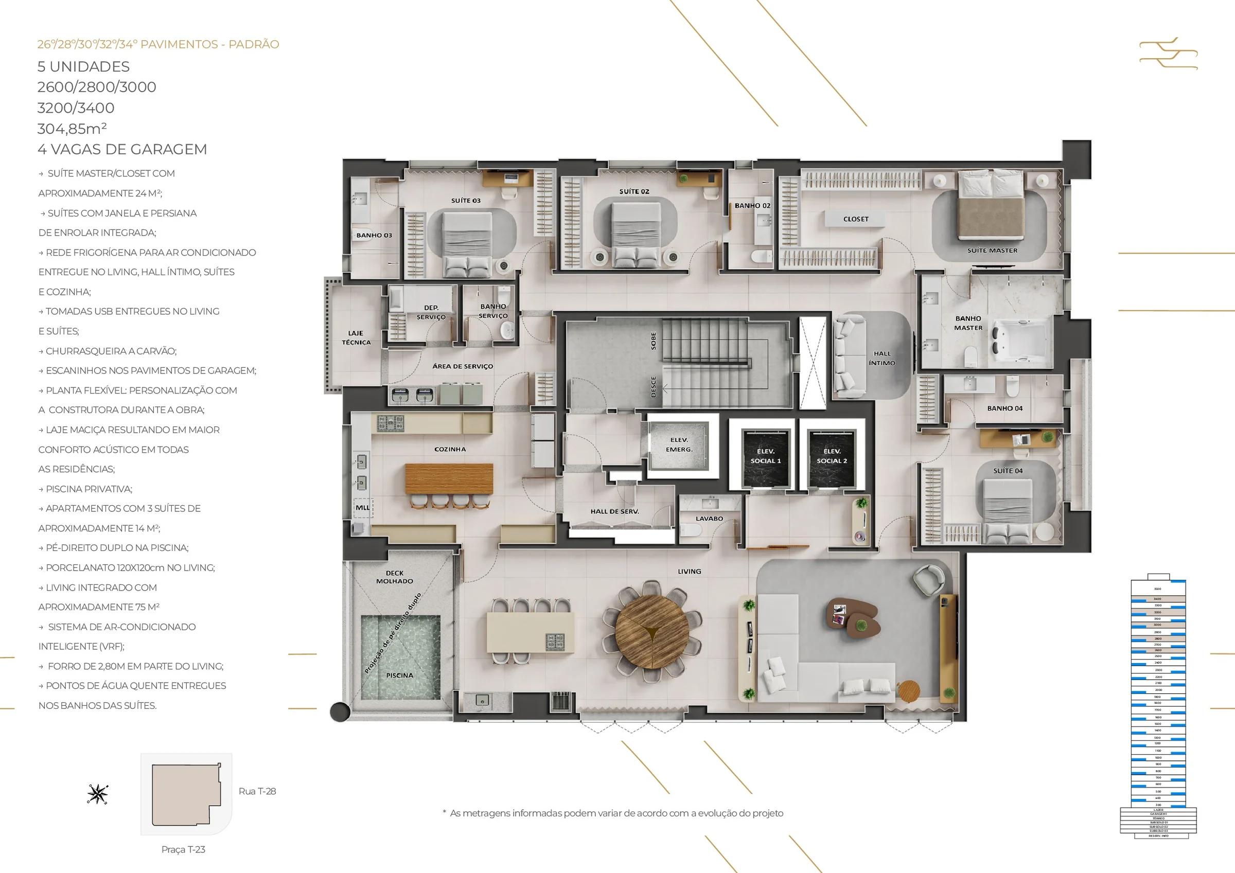 Planta — Apartamento 304m² - 3 ou 4 Suítes — Pavimento inferior