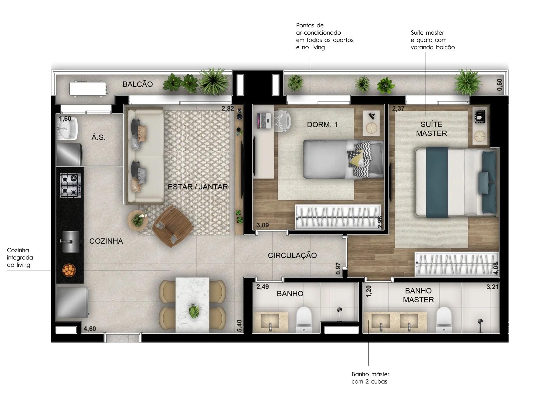 Planta — 2 quartos (1 suíte) — Final 3 · 69 m²