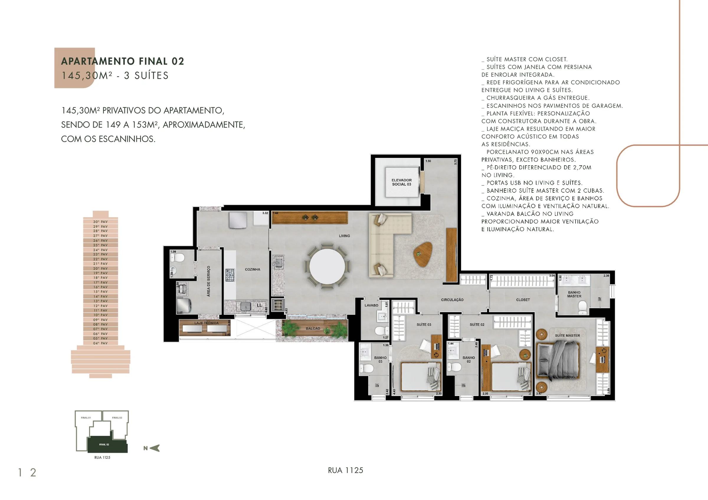 Planta — Apartamento Final 02 - 145m² — Pavimento inferior
