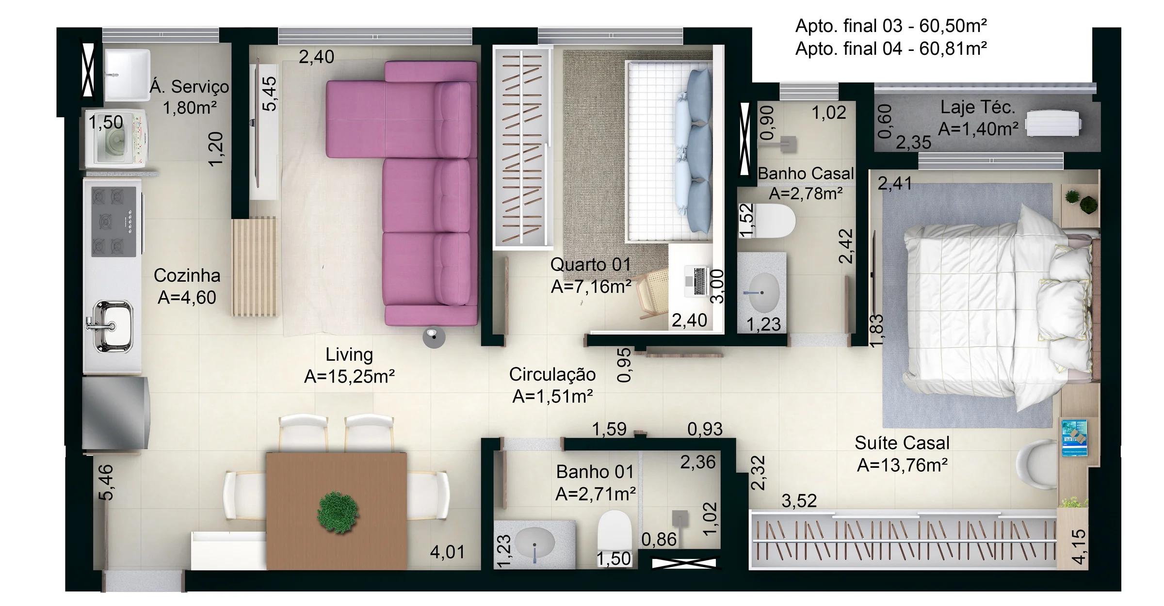Planta — 2 quartos (1 suíte) — Pavimento inferior