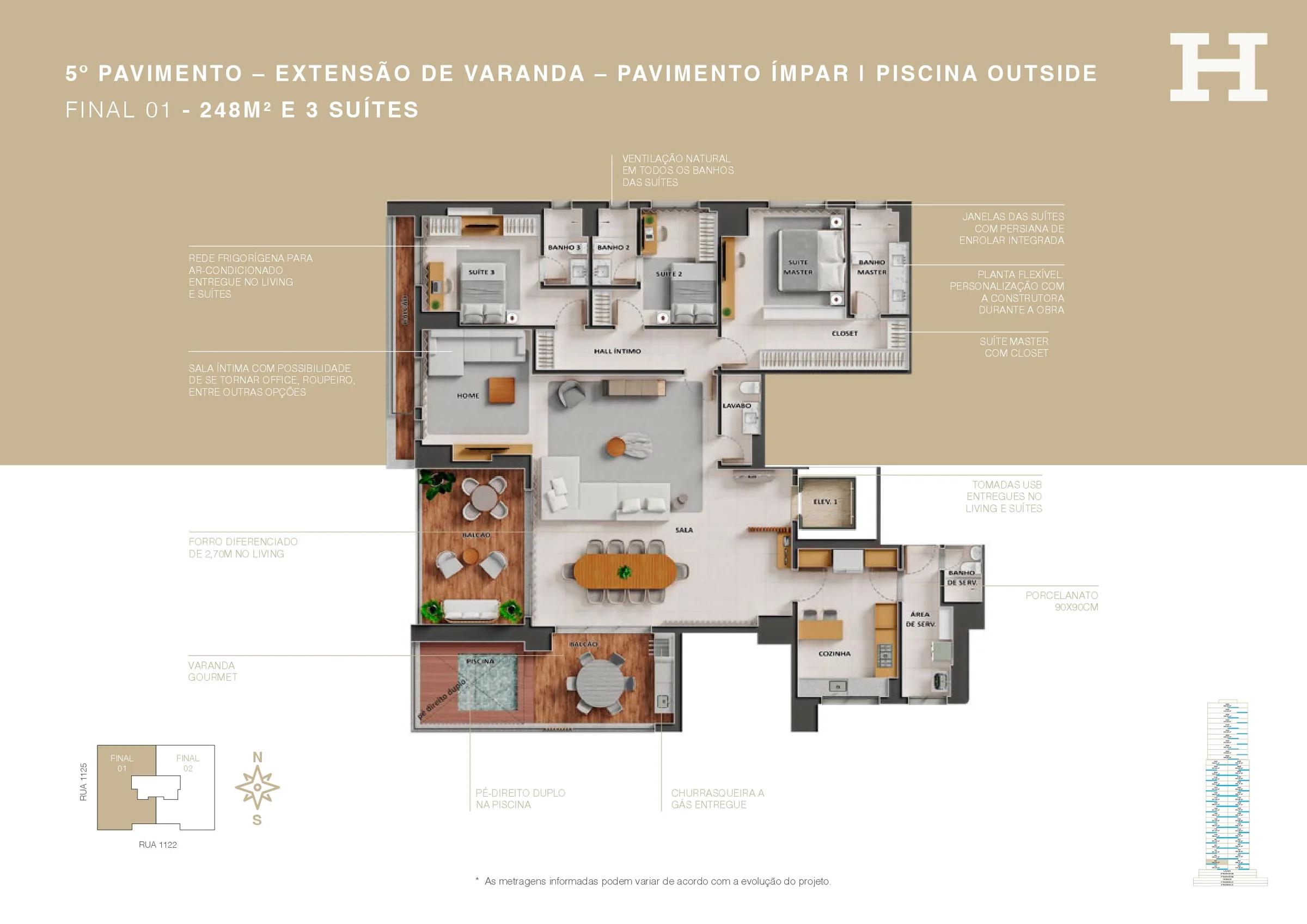 Planta — Apartamento 5º Pavimento - Final 01 (Extensão de Varanda) — Pavimento inferior