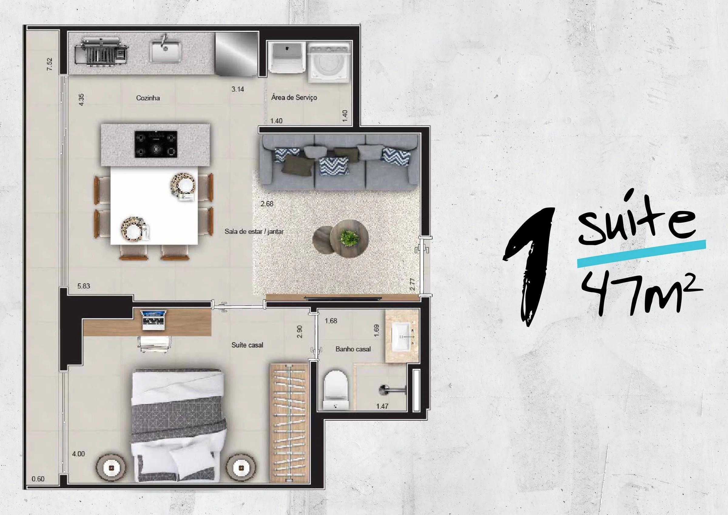 Planta — 1 Suíte - 47 m² — Pavimento inferior