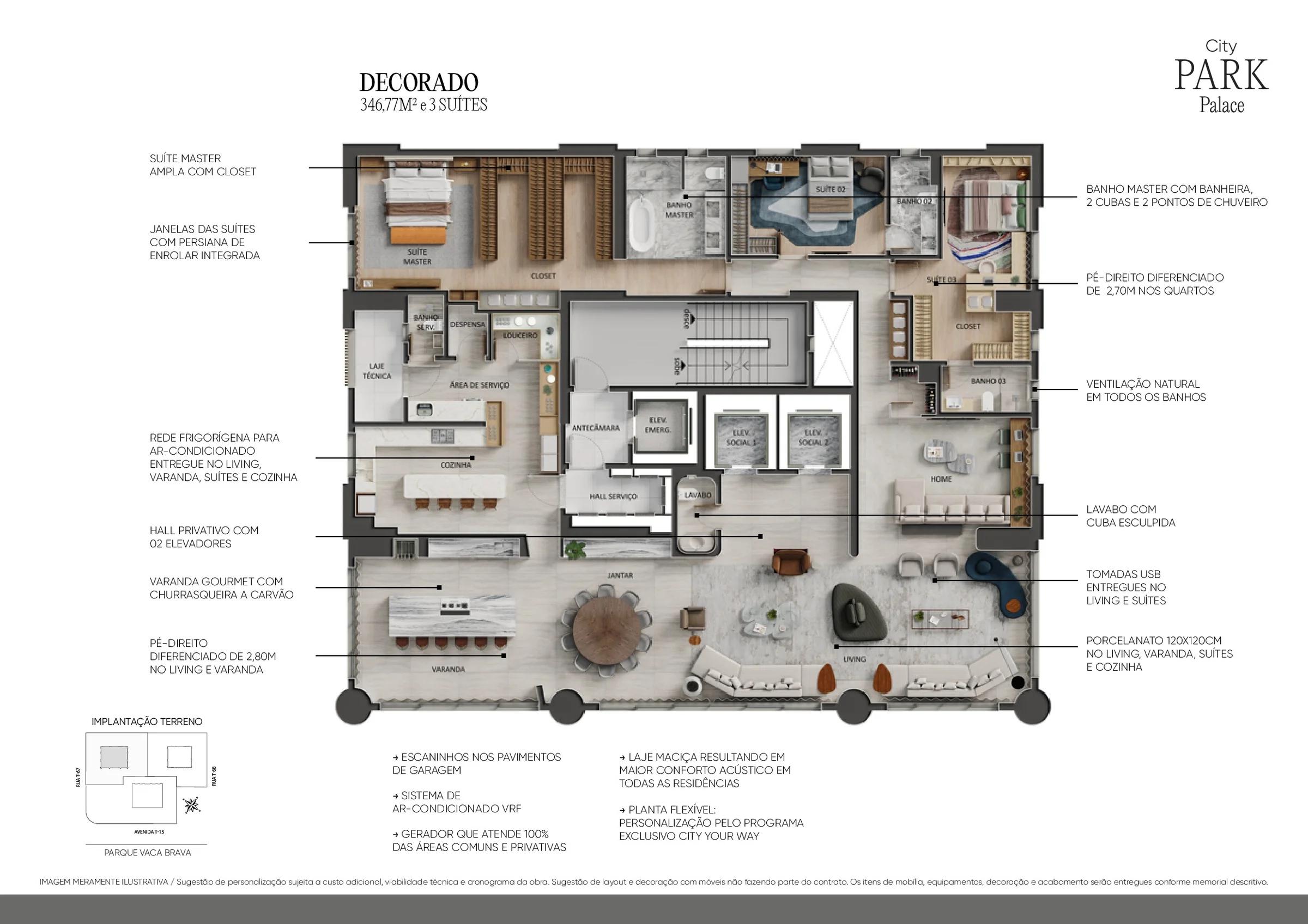 Planta — Apartamento Tipo 339m² a 347m² (3 ou 4 Suítes) — Pavimento inferior