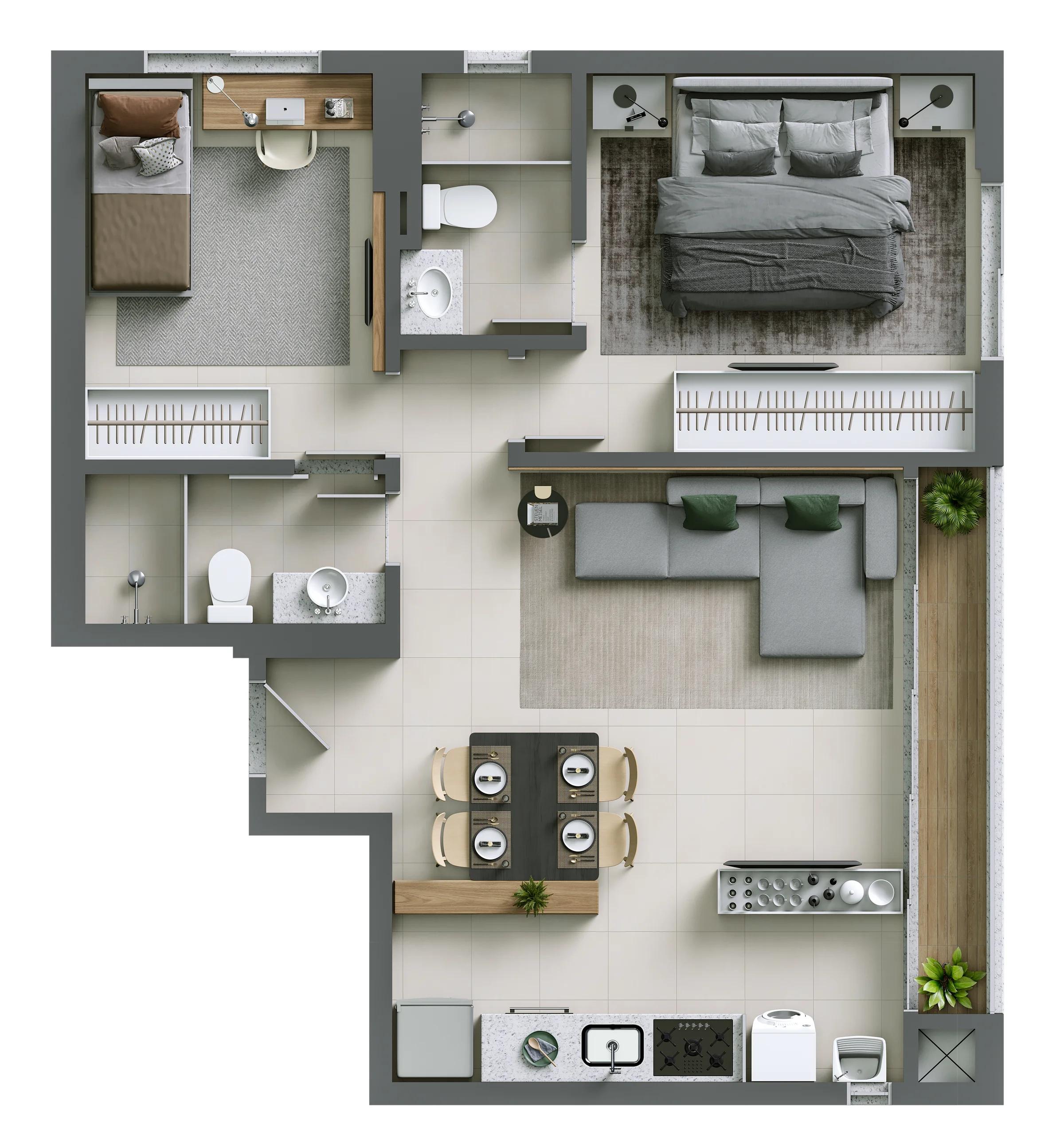 Planta — 2 Suítes - 67m² — Pavimento inferior