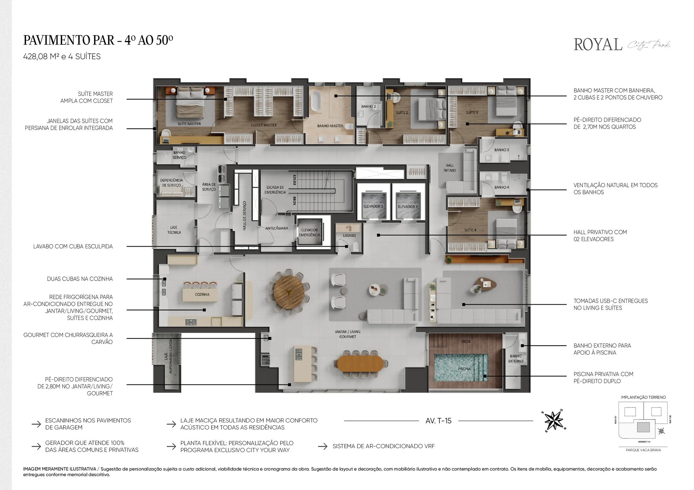 Planta — Apartamento Tipo 428m² — Pavimento inferior