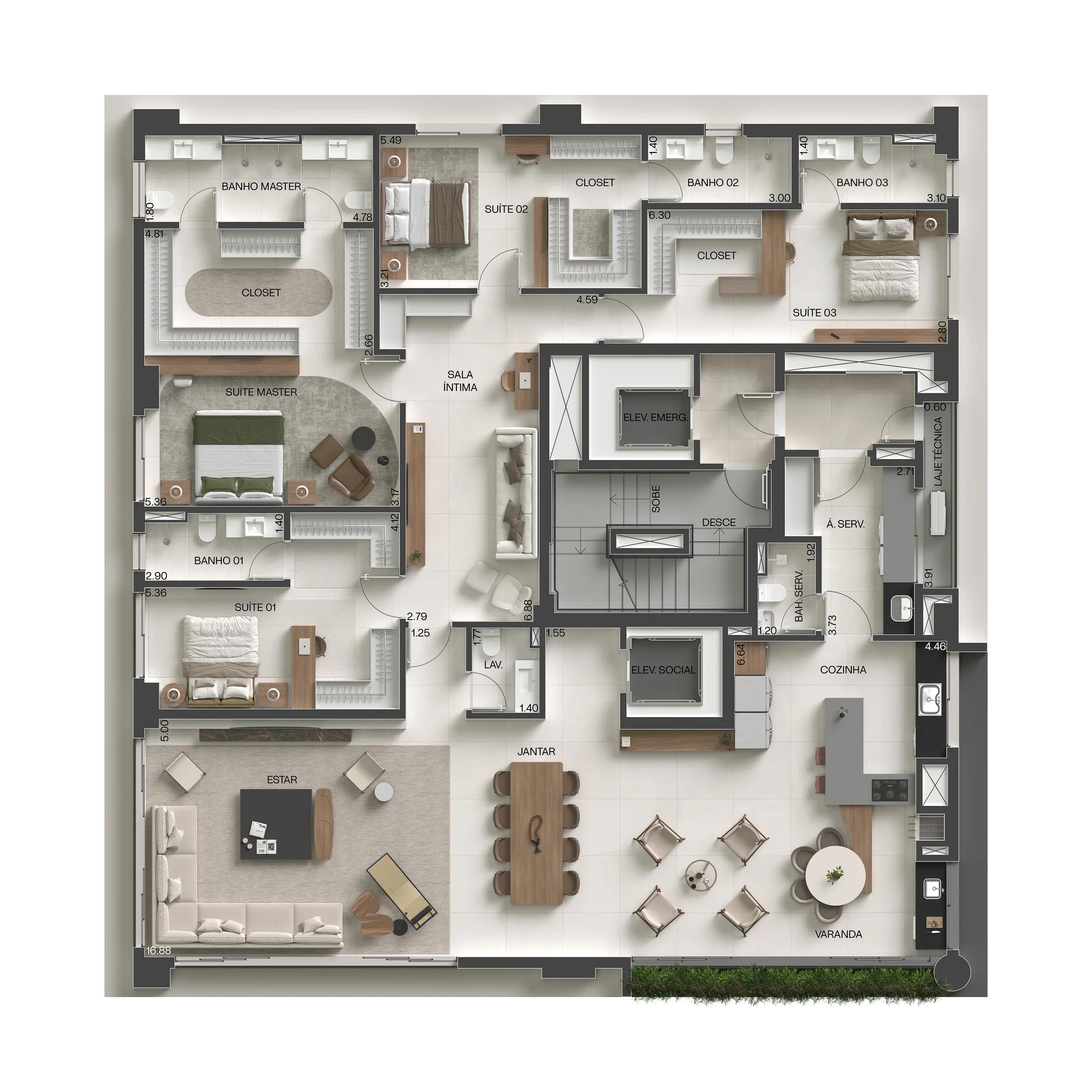 Planta — Apartamento 274m² - 4 Suítes + Sala Íntima — Planta opcional - 274m