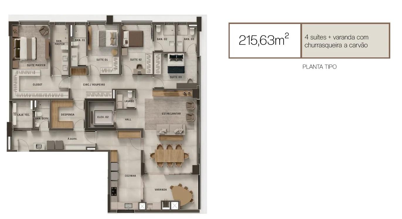 Planta — Apartamento 216m² - 3 ou 4 Suítes — Pavimento inferior