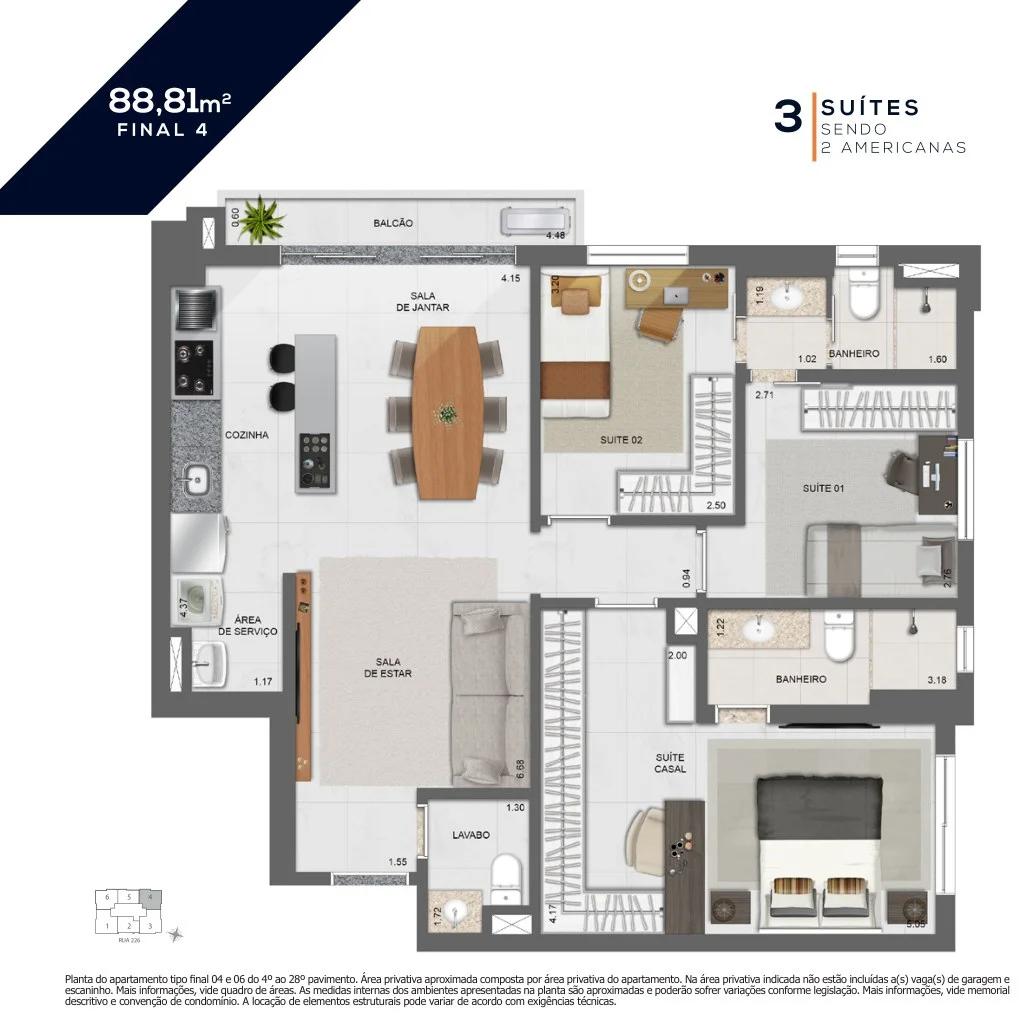 Planta — Apartamento 62m² a 72m² - 2 Quartos c/ 1 Suíte — Pavimento inferior