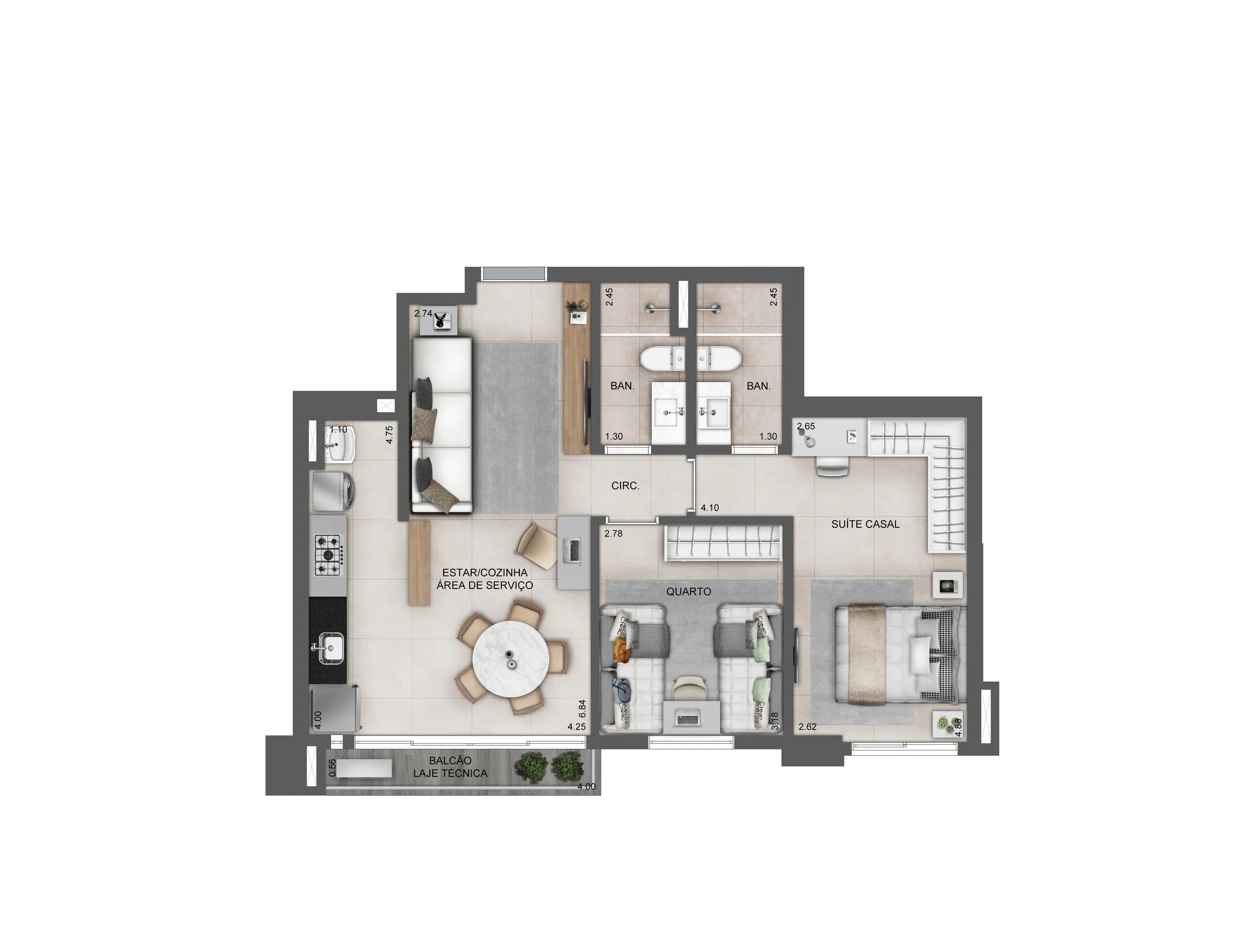 Planta — Apartamento 67m² a 104m² - 2 Quartos c/ 1 Suíte — FINAL 06 68M ( 2 QUARTOS SENDO 1 SUITE) R05