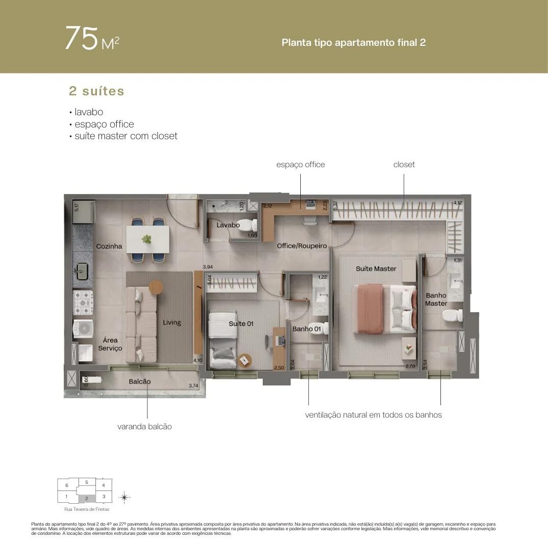 Planta — Apartamento 75m² - 2 Suítes + Lavabo — Pavimento inferior
