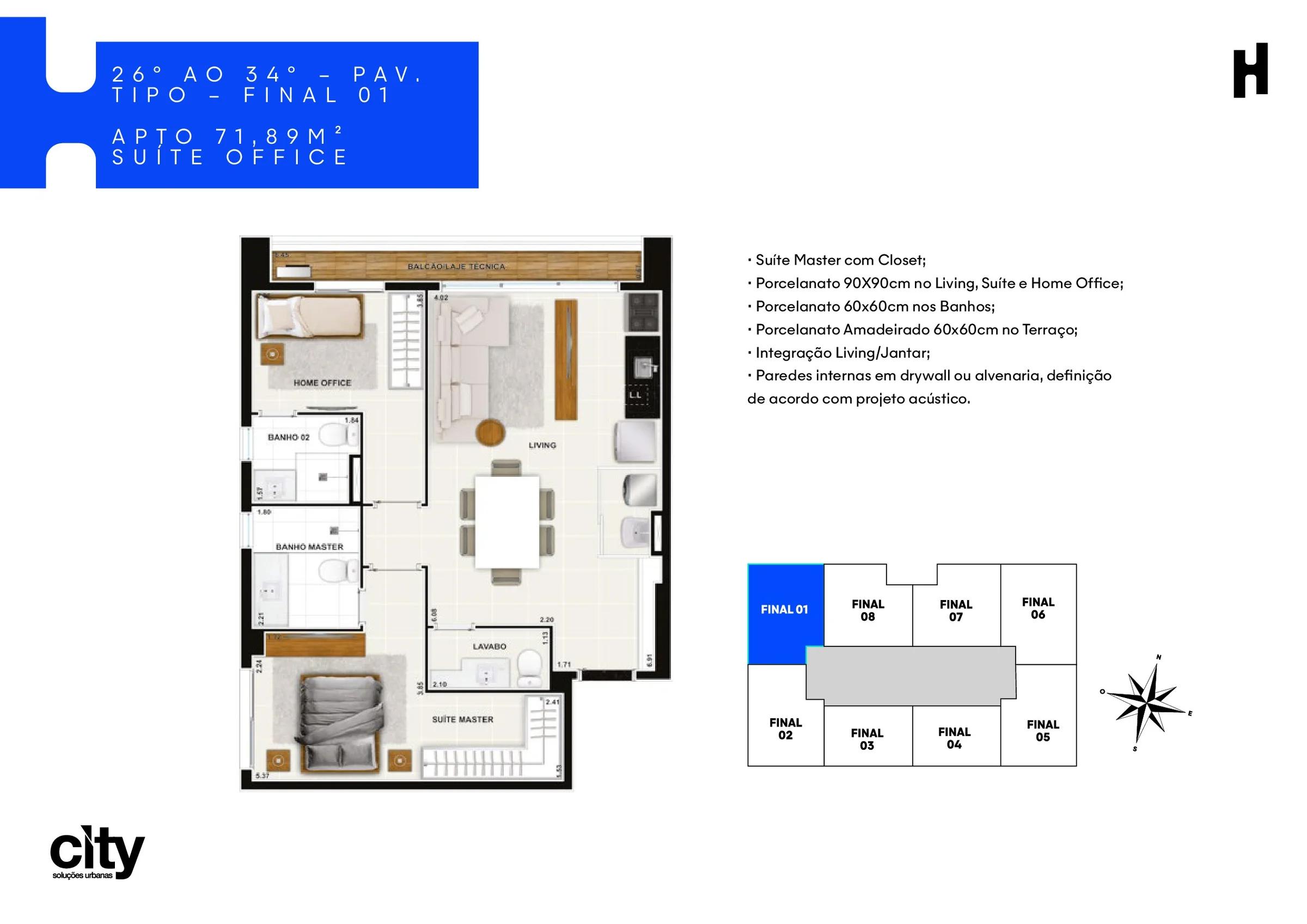 Planta — Suíte Office 67m² a 72m² — Pavimento inferior