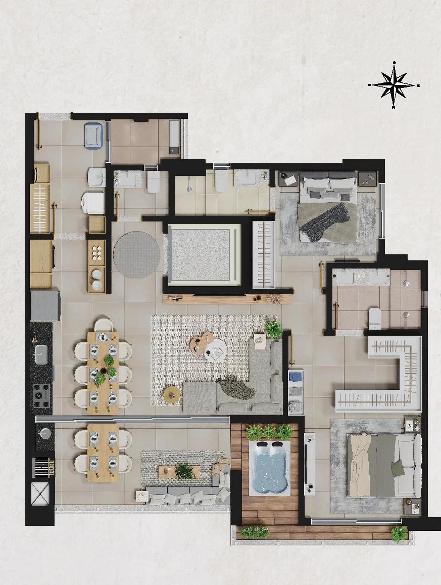 Planta — Apartamento 2 Suítes - 122m² — Pavimento inferior