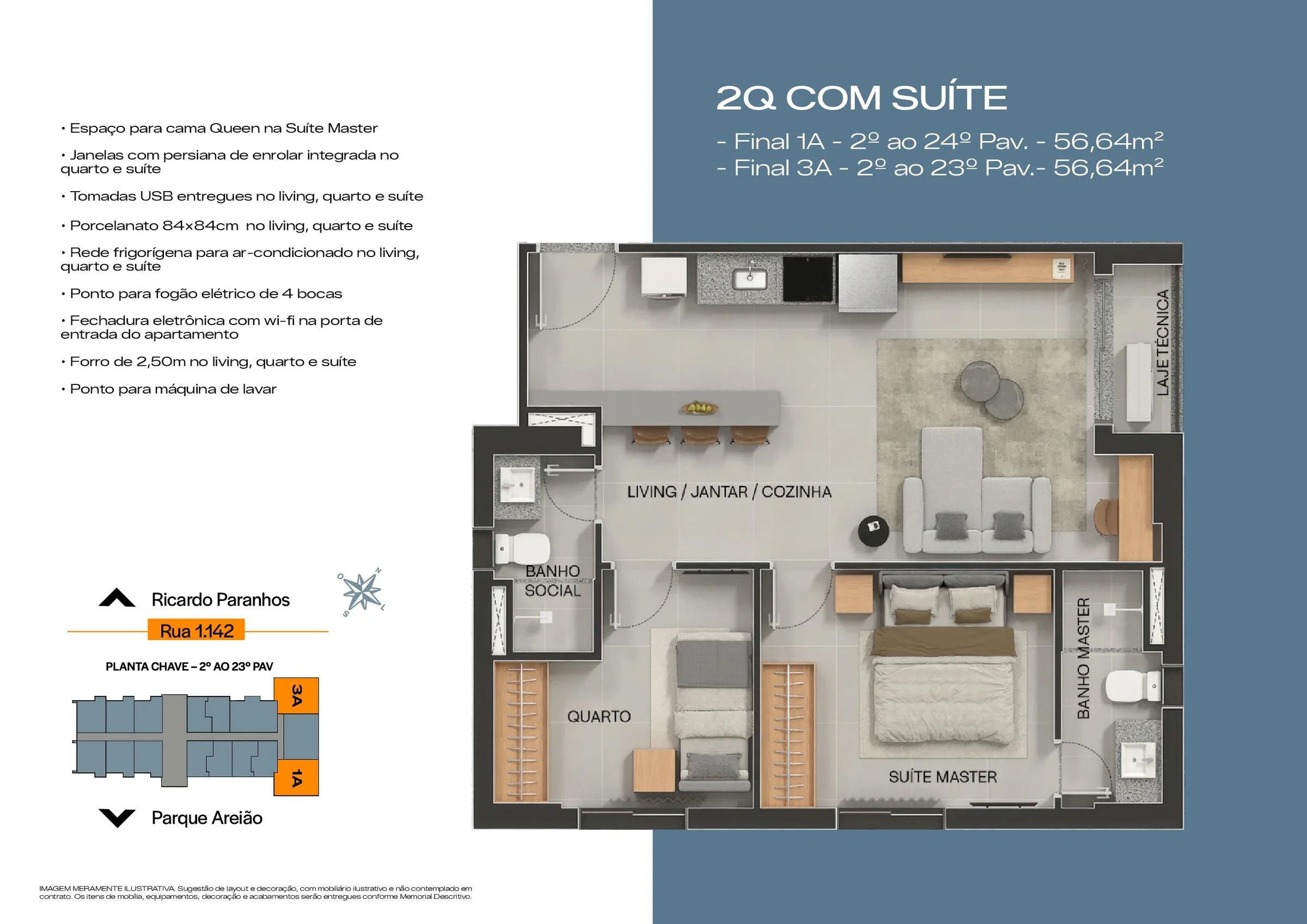 Planta — 2 Quartos com Suíte 57m² — Pavimento inferior