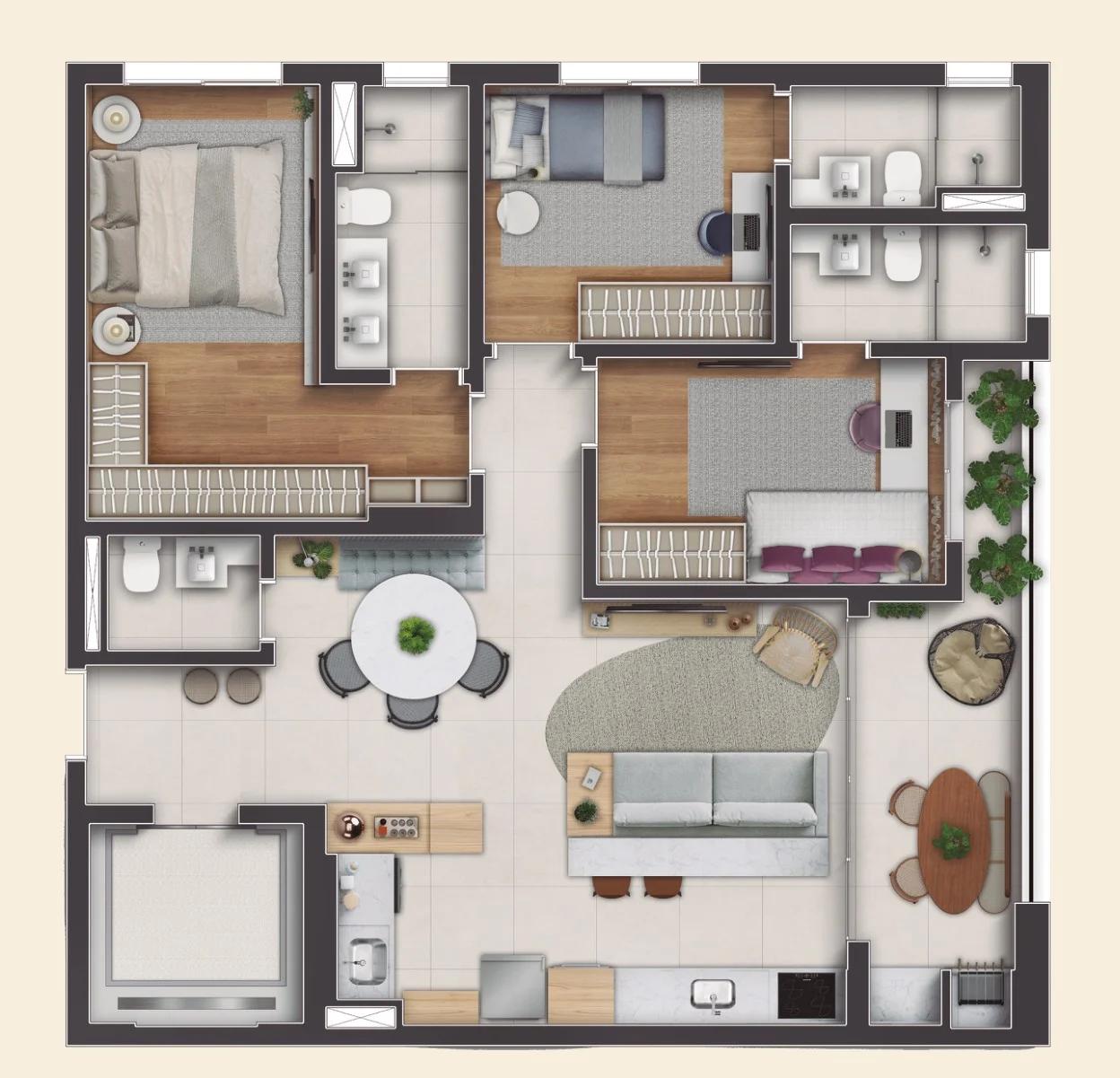 Planta — Apartamento 3 Suítes 110m² — Pavimento inferior