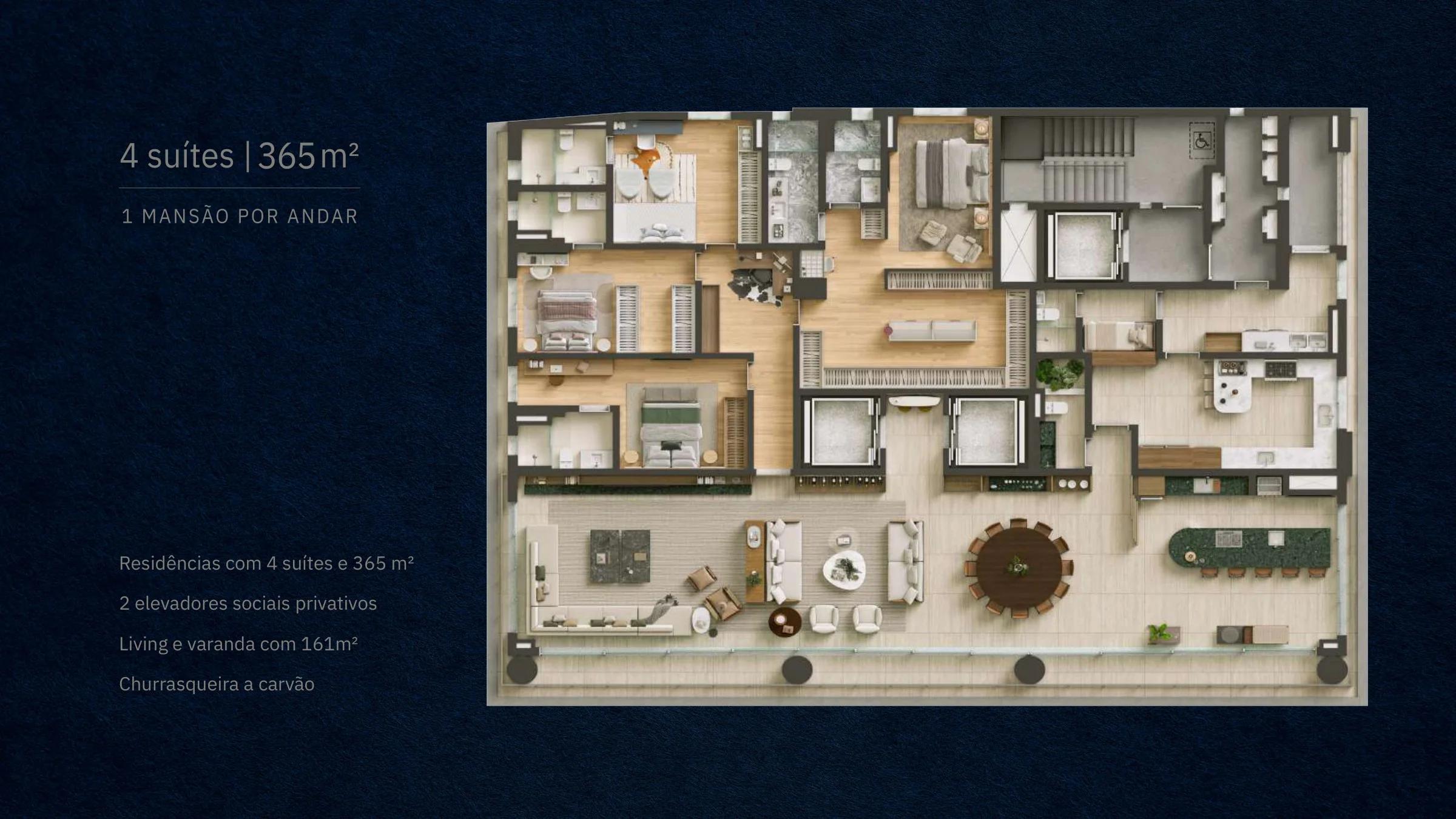 Planta — Apartamento 4 Suítes 365m² — Planta tipo