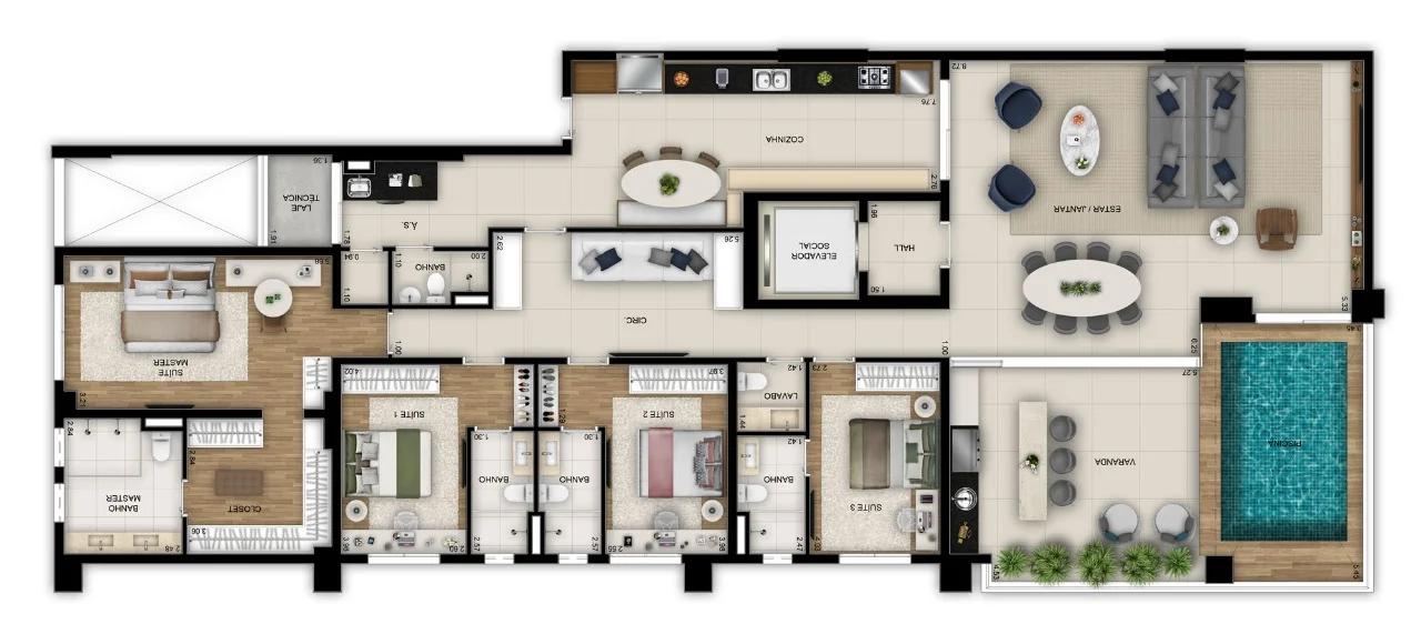 Planta — 4 Suítes  - 270m² a 540m² — Pavimento inferior