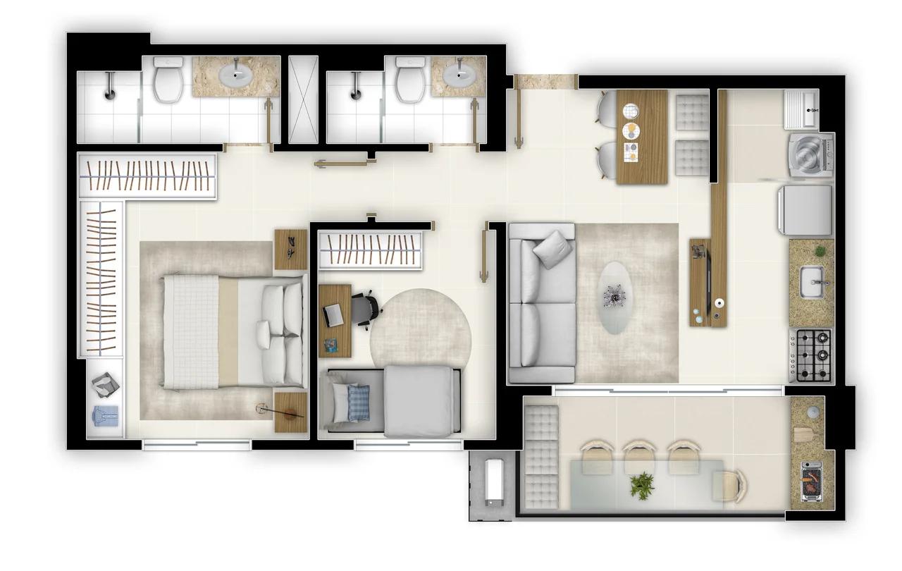 Planta — 2 Quartos com 1 Suíte e Varanda - 62m² a 68m² — Pavimento inferior