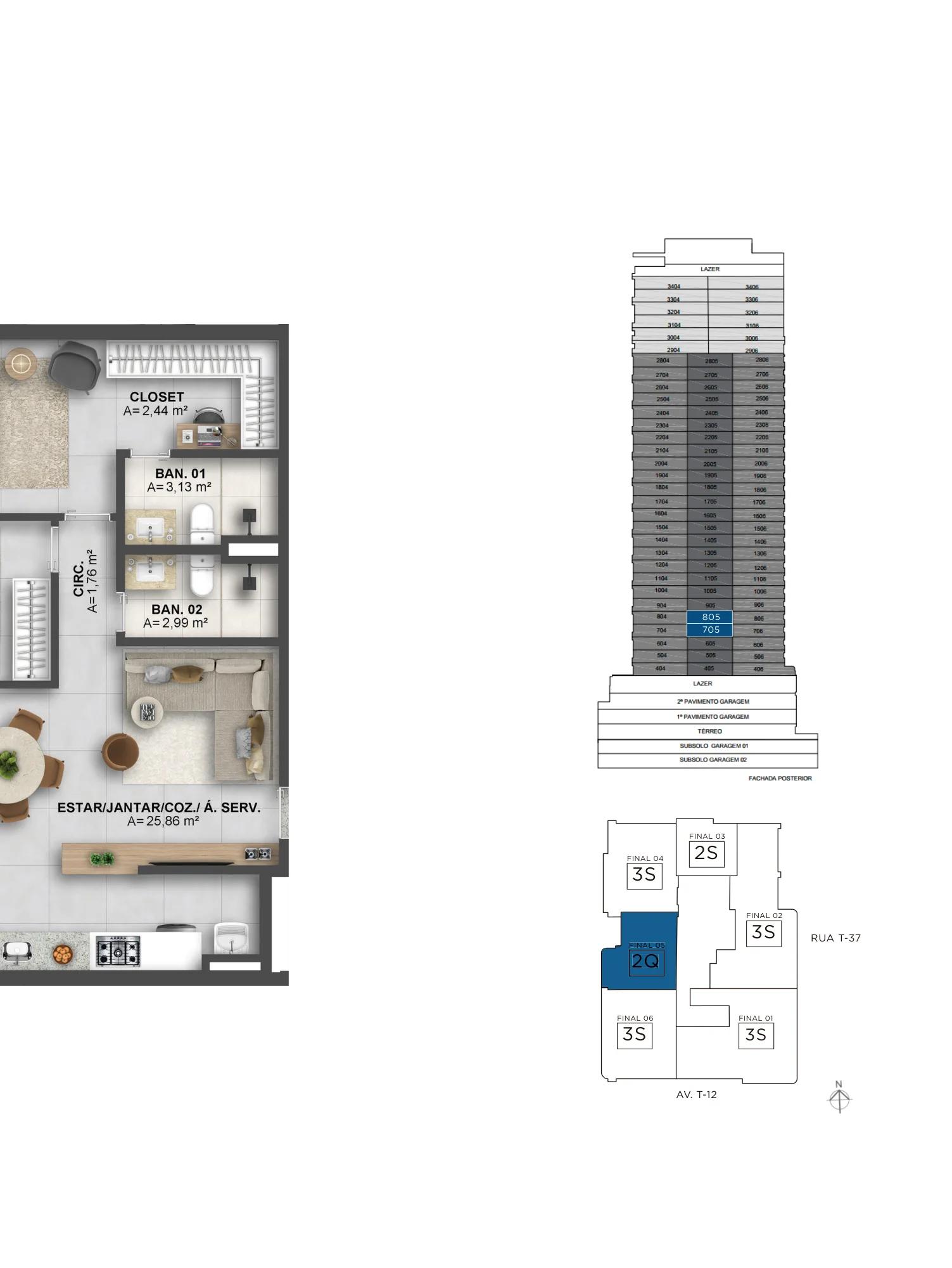 Planta — 2 Quartos - 76m² a 134m² — 85 m²