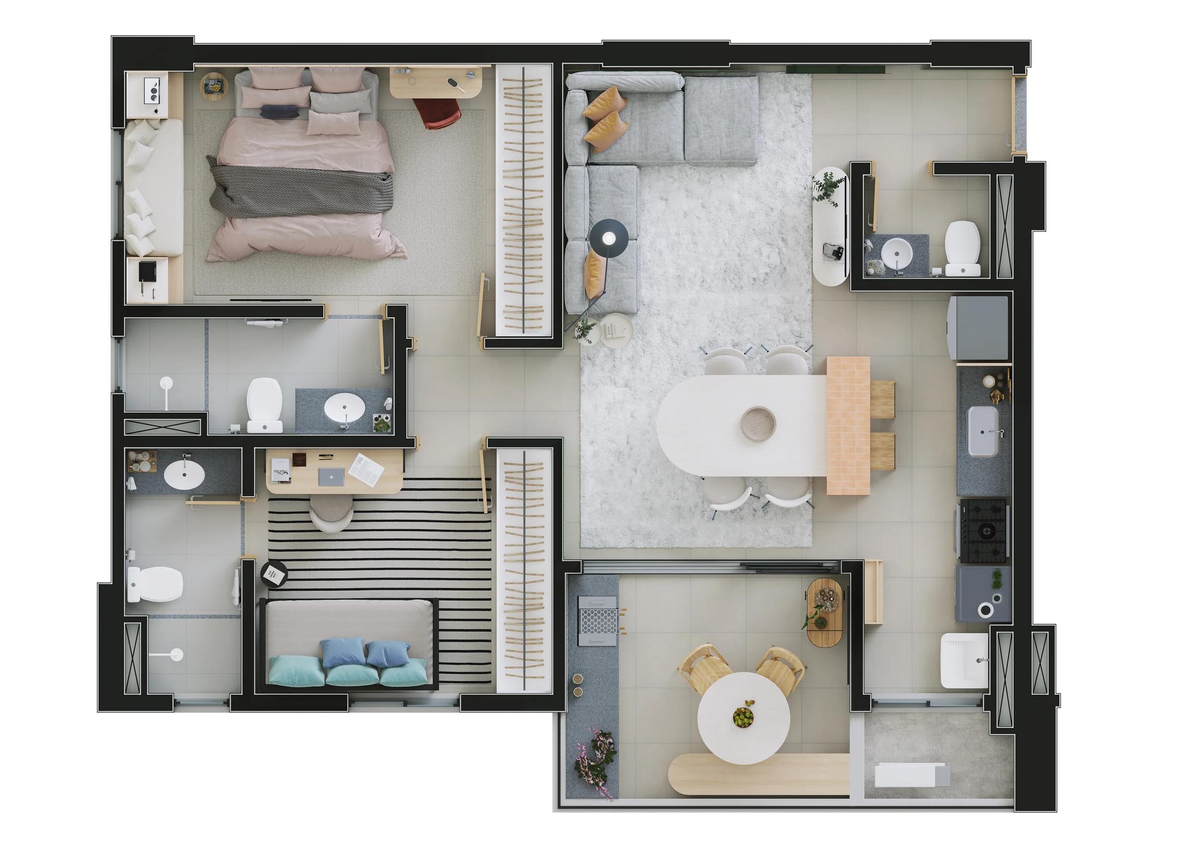 Planta — Apartamento 75 m² - 2 Suítes — Pavimento inferior