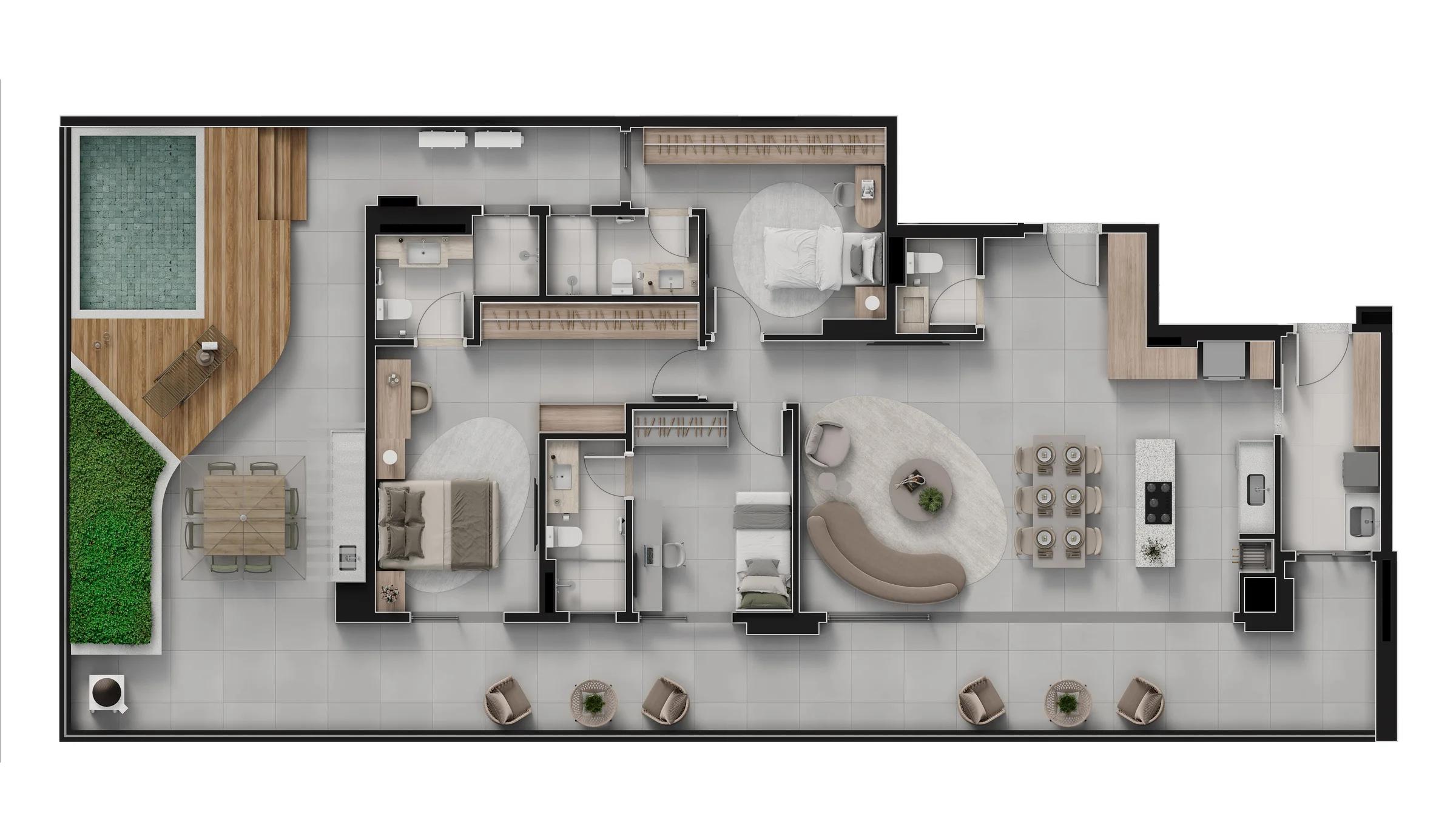 Planta — Poolhouse 3 Suítes 201 a 223m² — Final 1 · 223 m²