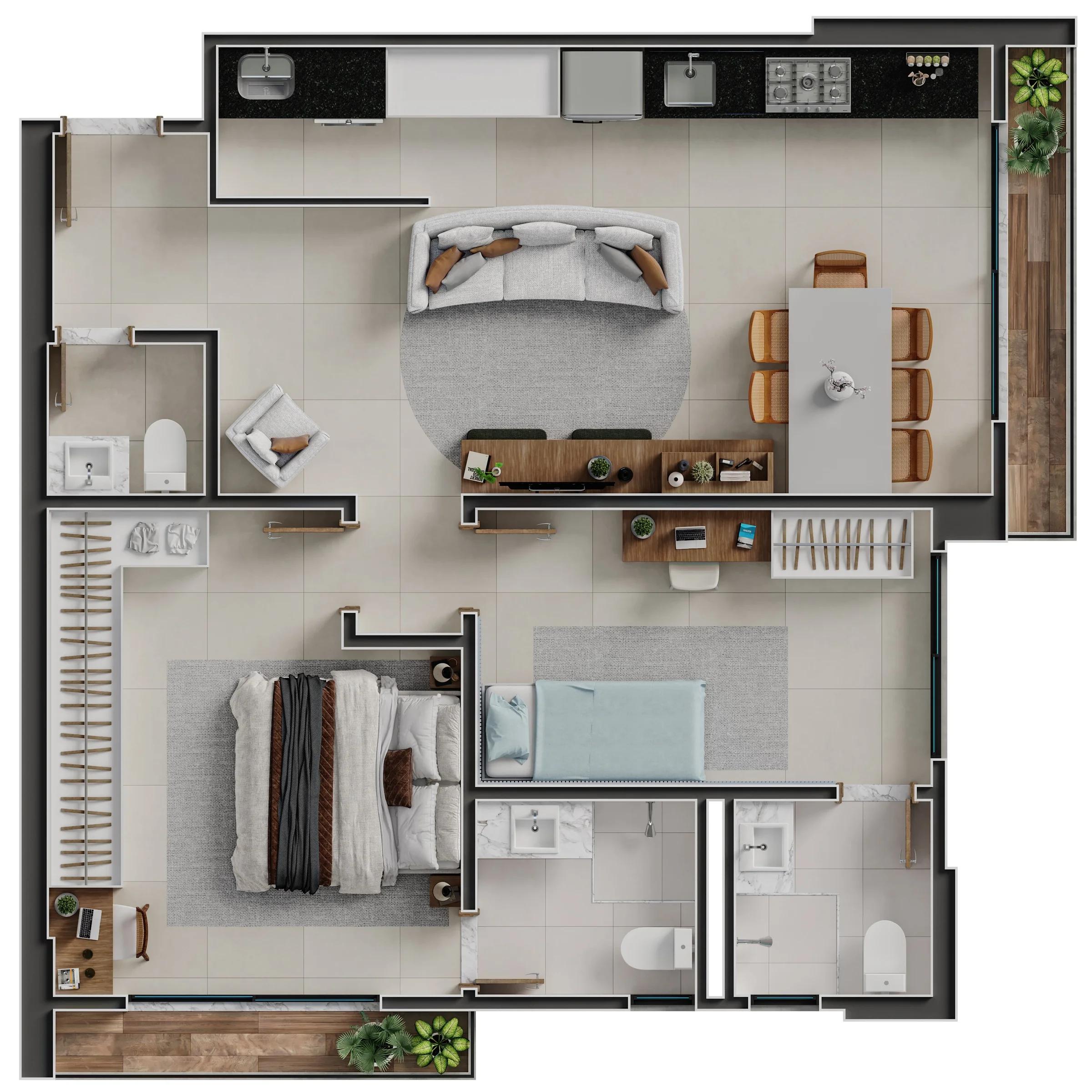 Planta — 2 Quartos (1 a 2 Suítes) — Pavimento inferior