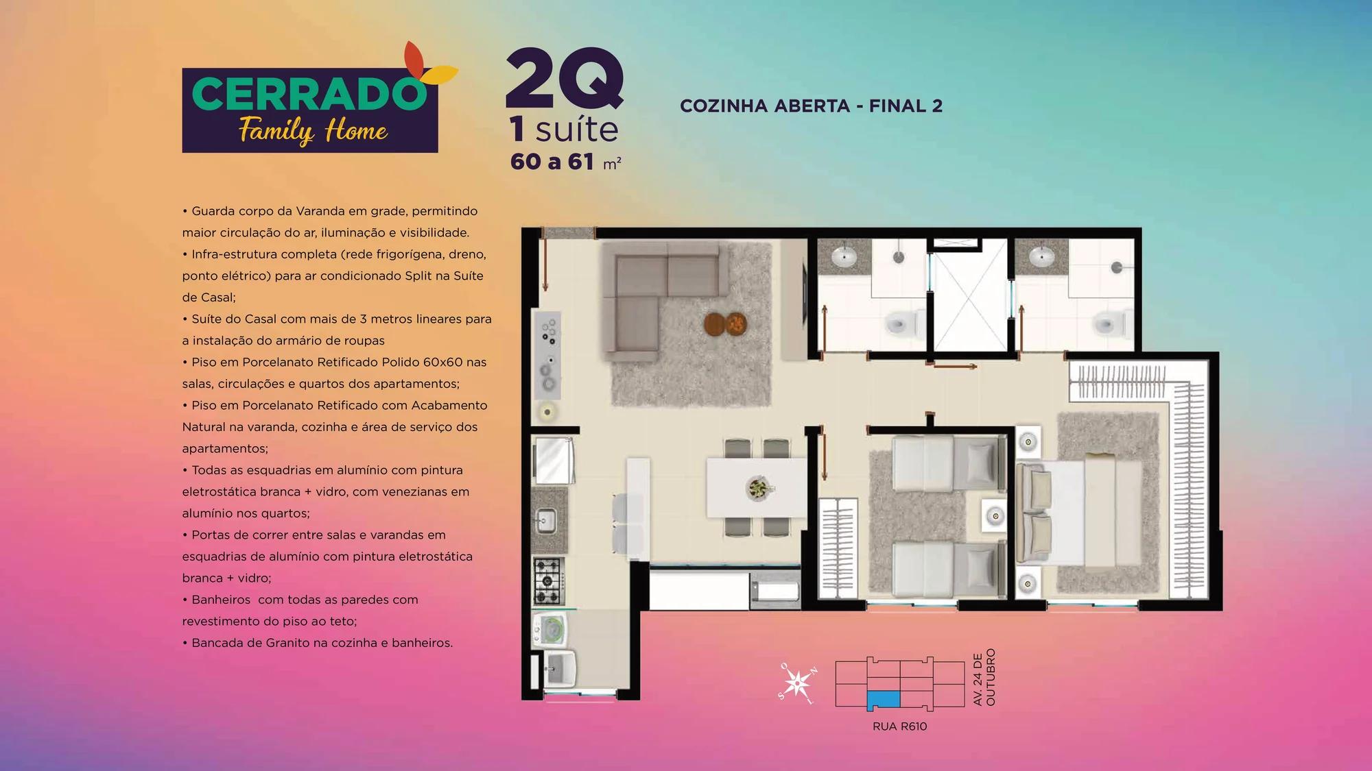 Planta — 2 e 3 quartos | 1 ou 2 suítes — 2 quartos e 1 suíte, 60 a 61 m²