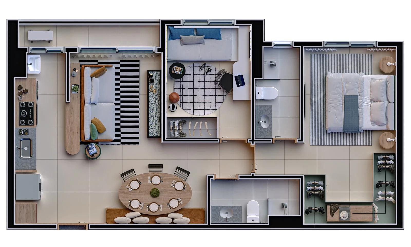 Planta — 2 quartos e 1 suíte — Padrão