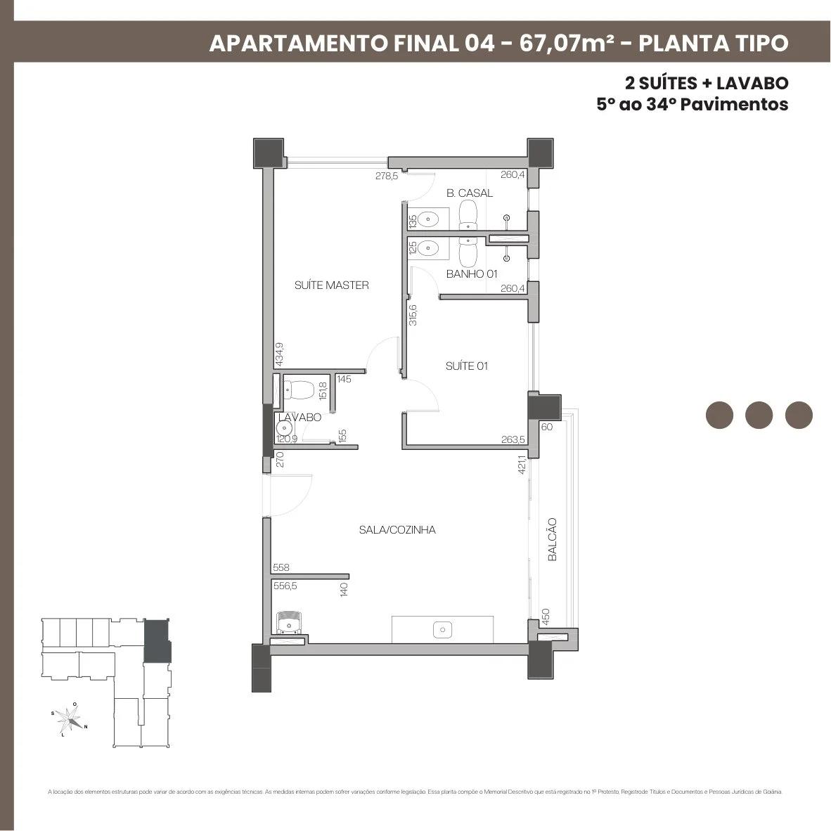 Planta — Apartamento 67m² - 2 Suítes + Lavabo — Pavimento inferior