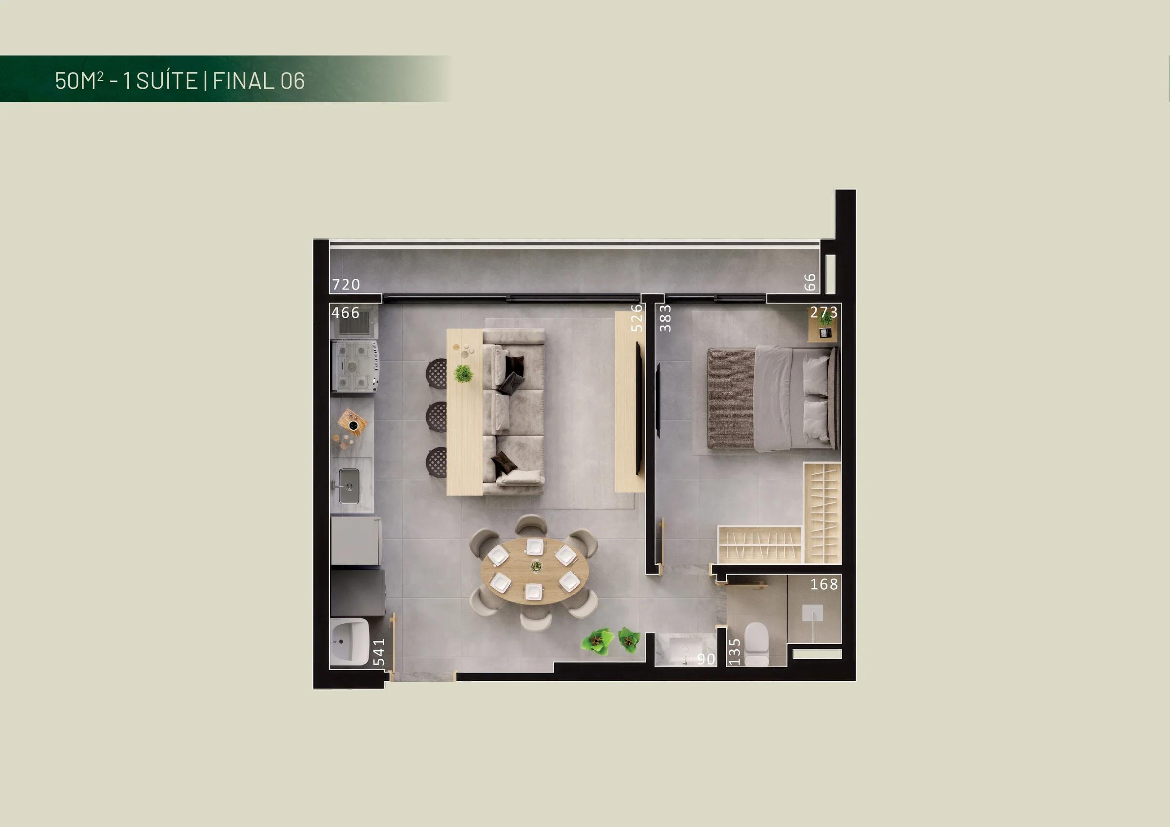 Planta — Apartamento 50 m² - 1 Suíte — Pavimento inferior