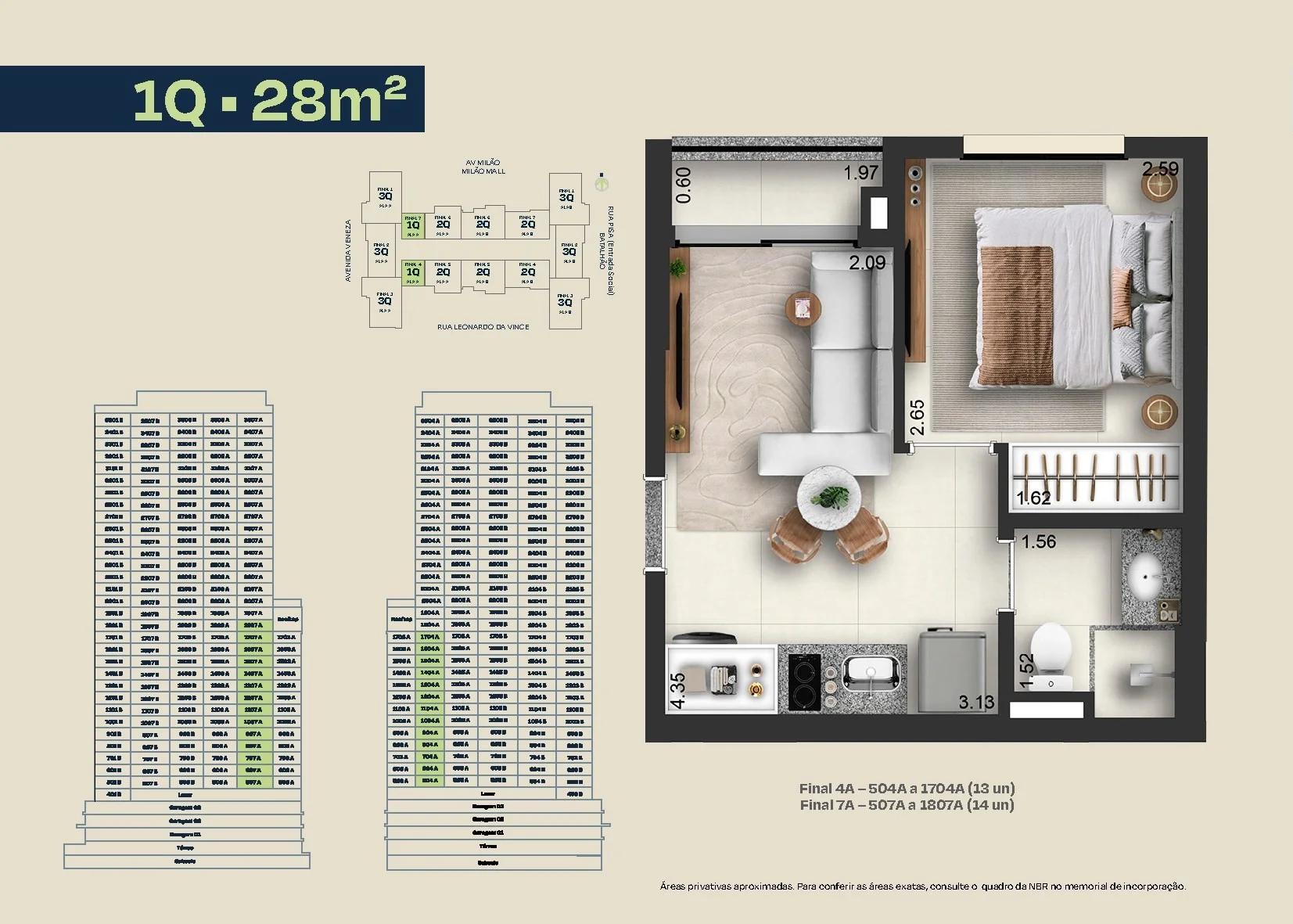 Planta — Apartamento 1 Quarto - 28 m² — Pavimento inferior