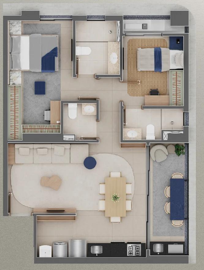 Planta — Apartamento 2 Suítes — 80m² a 81m² — Pavimento inferior
