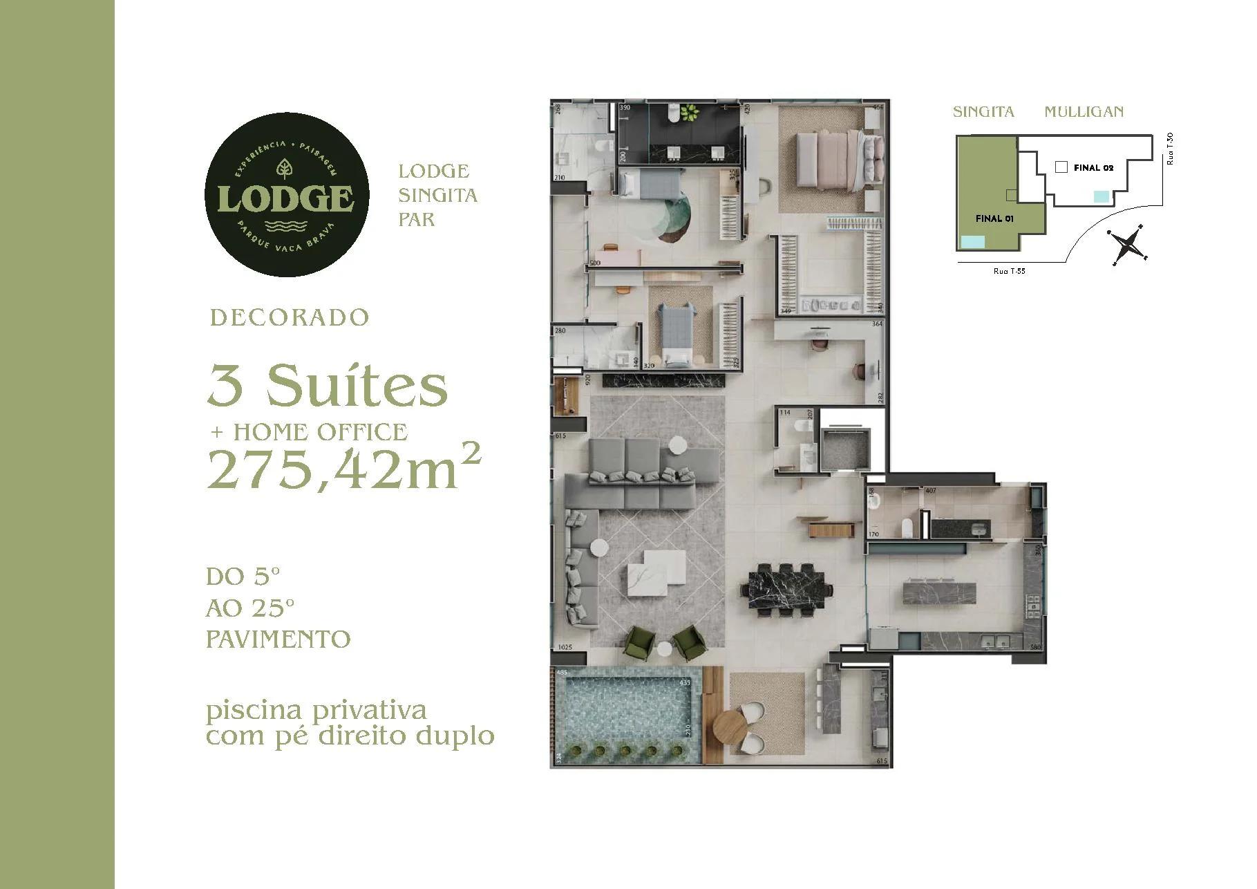 Planta — 3 Suítes com Home Office e Piscina Privativa - 275m² — Pavimento inferior