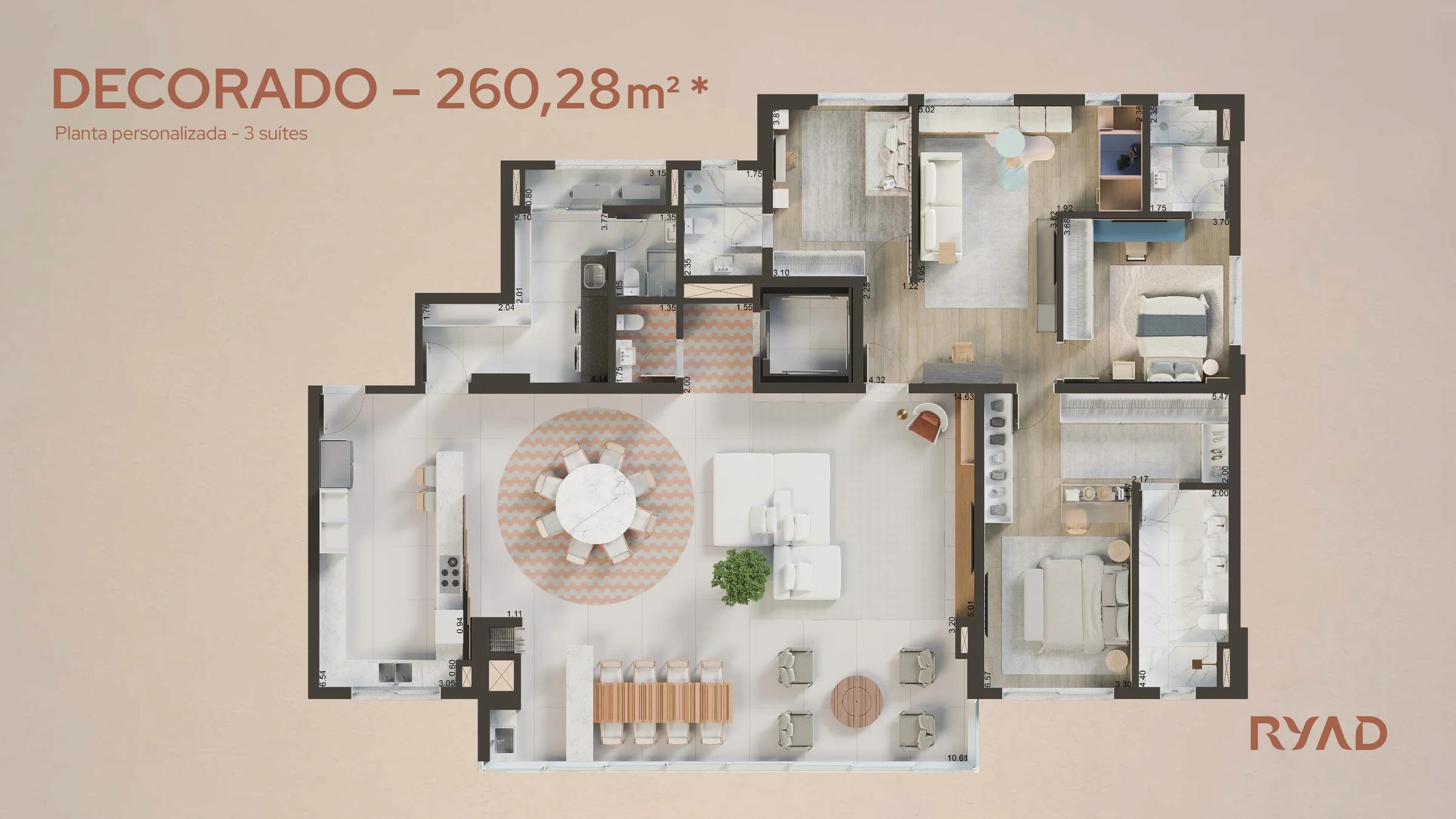 Planta — Decorado – 3 Suítes (260 m²) — Pavimento inferior