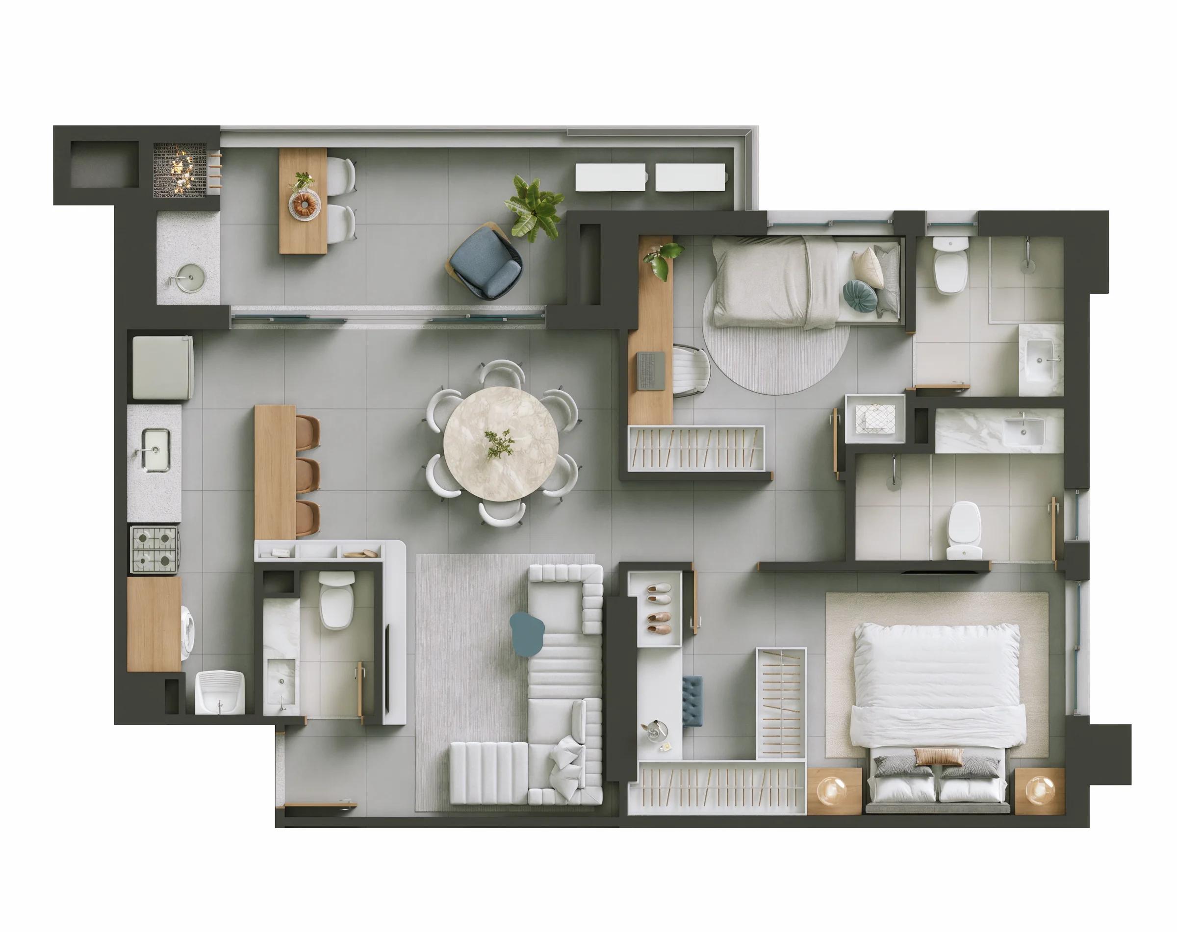 Planta — 2 Suítes - 77m² — Final 2, 77,16 m²