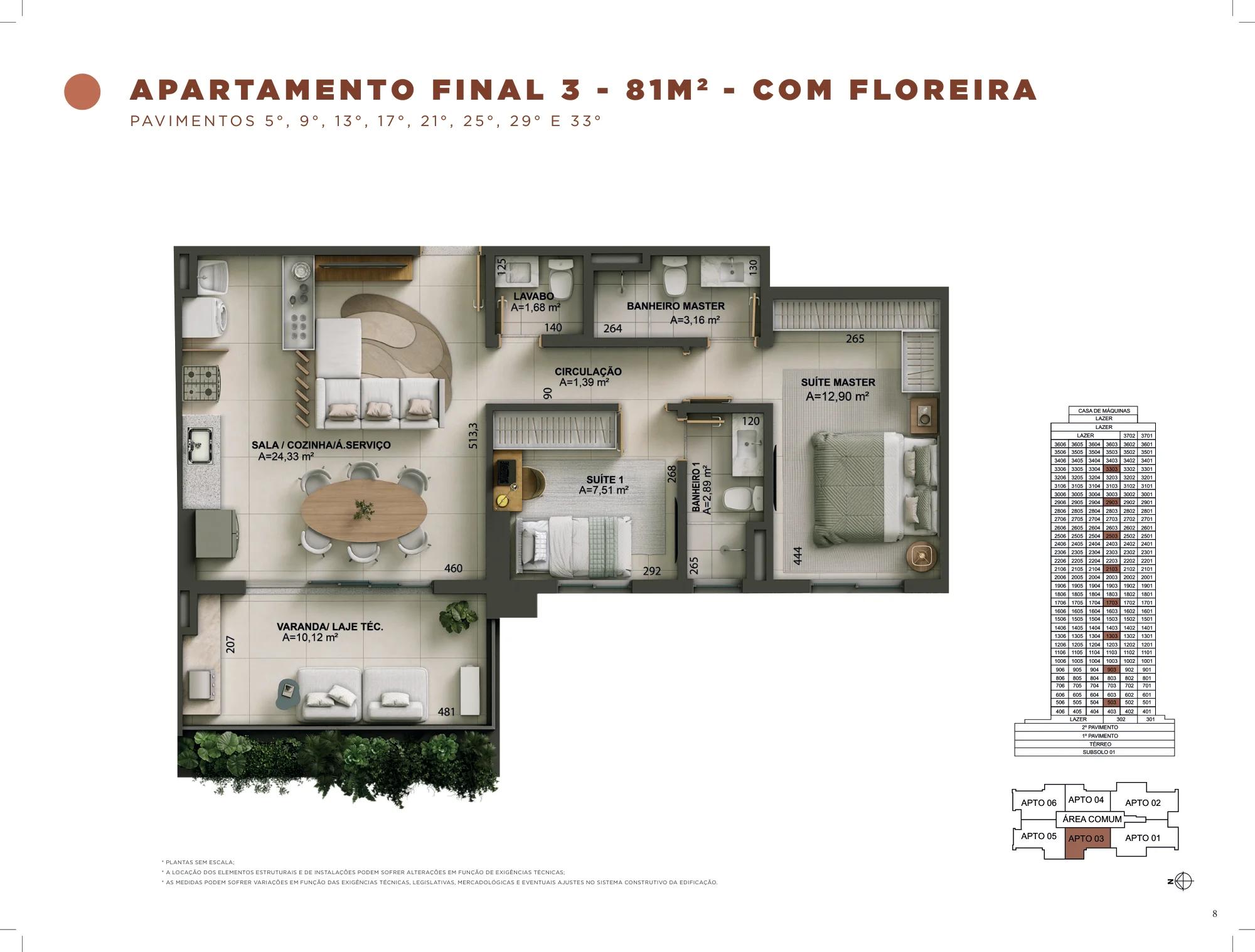 Planta — 2 Suítes - 76m² a 81m² — Final 3 com floreira, 81 m²