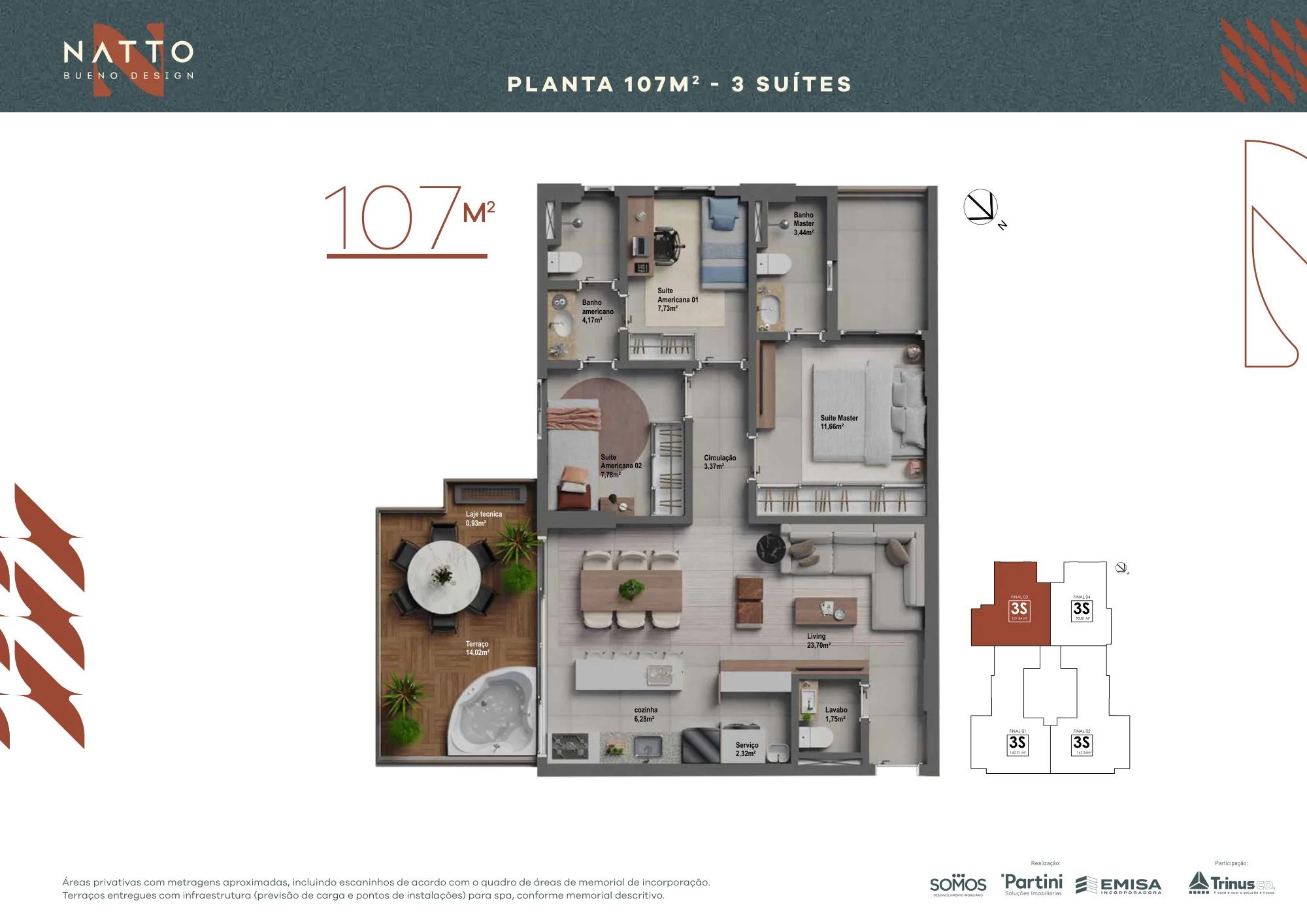 Planta — 3 Suítes - 107m² — Pavimento inferior