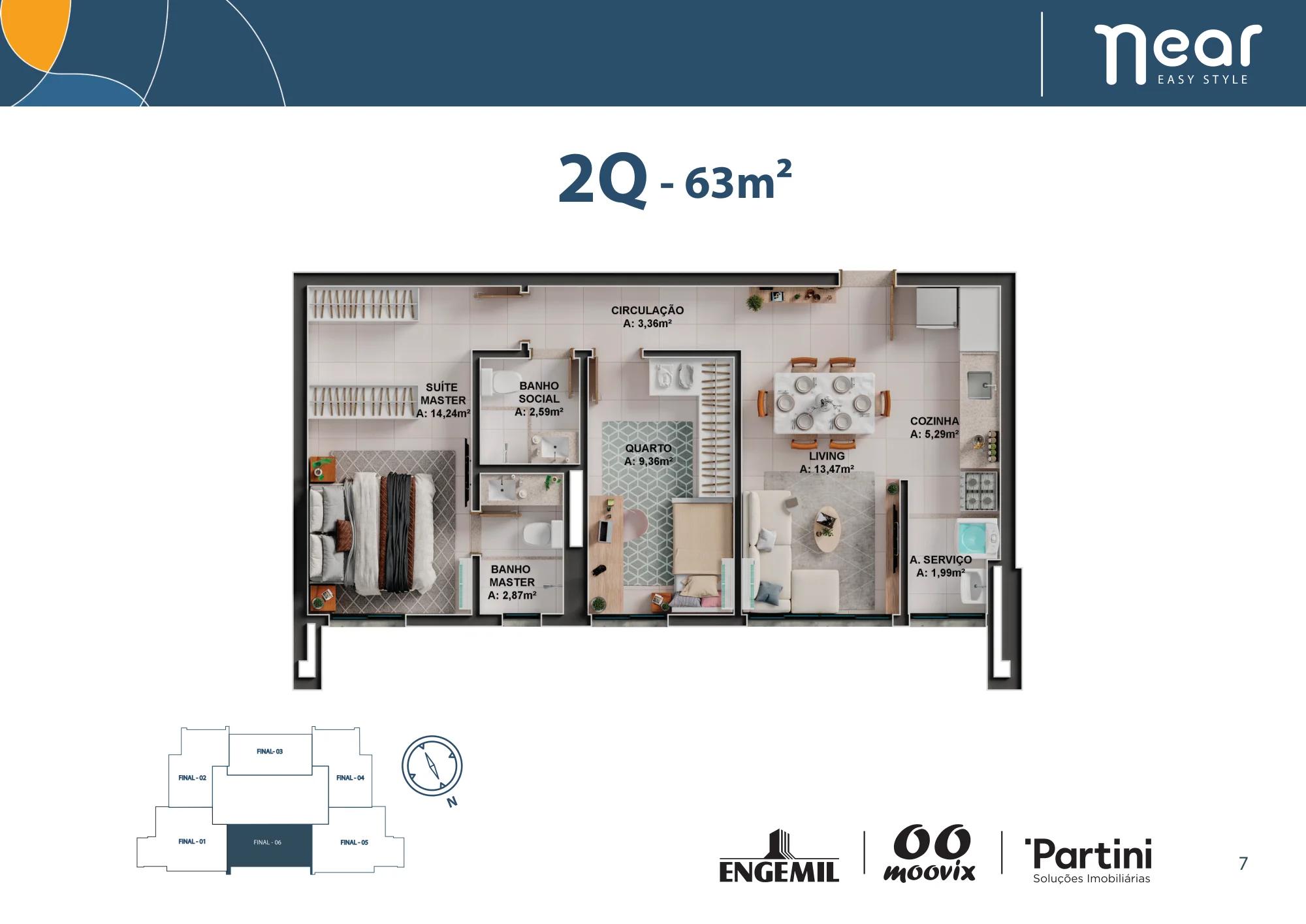 Planta — 2 Quartos - 63m² — Padrão