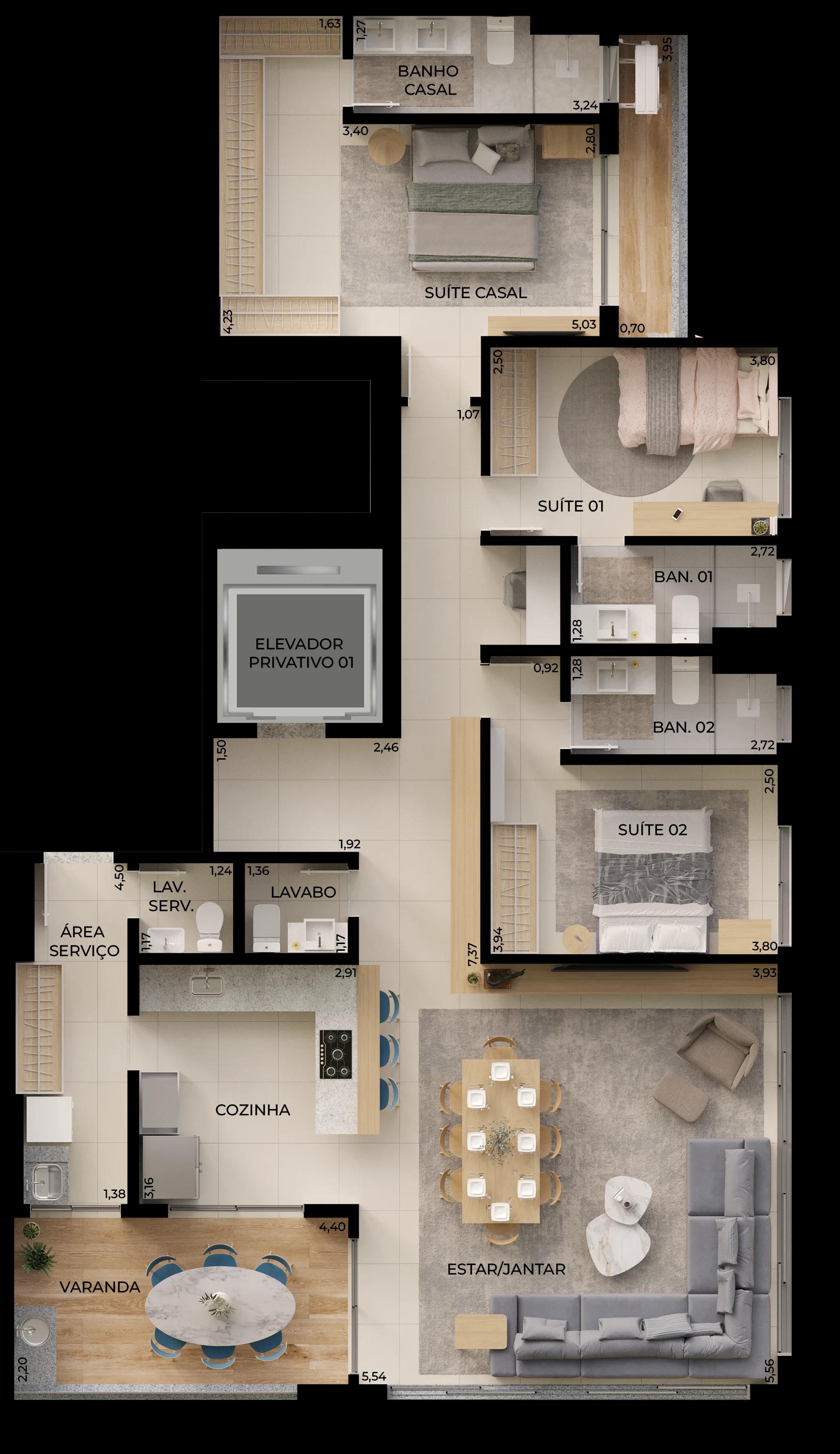 Planta — 2 ou 3 Suítes - 151m² a 163m² — Final 01 com cotas