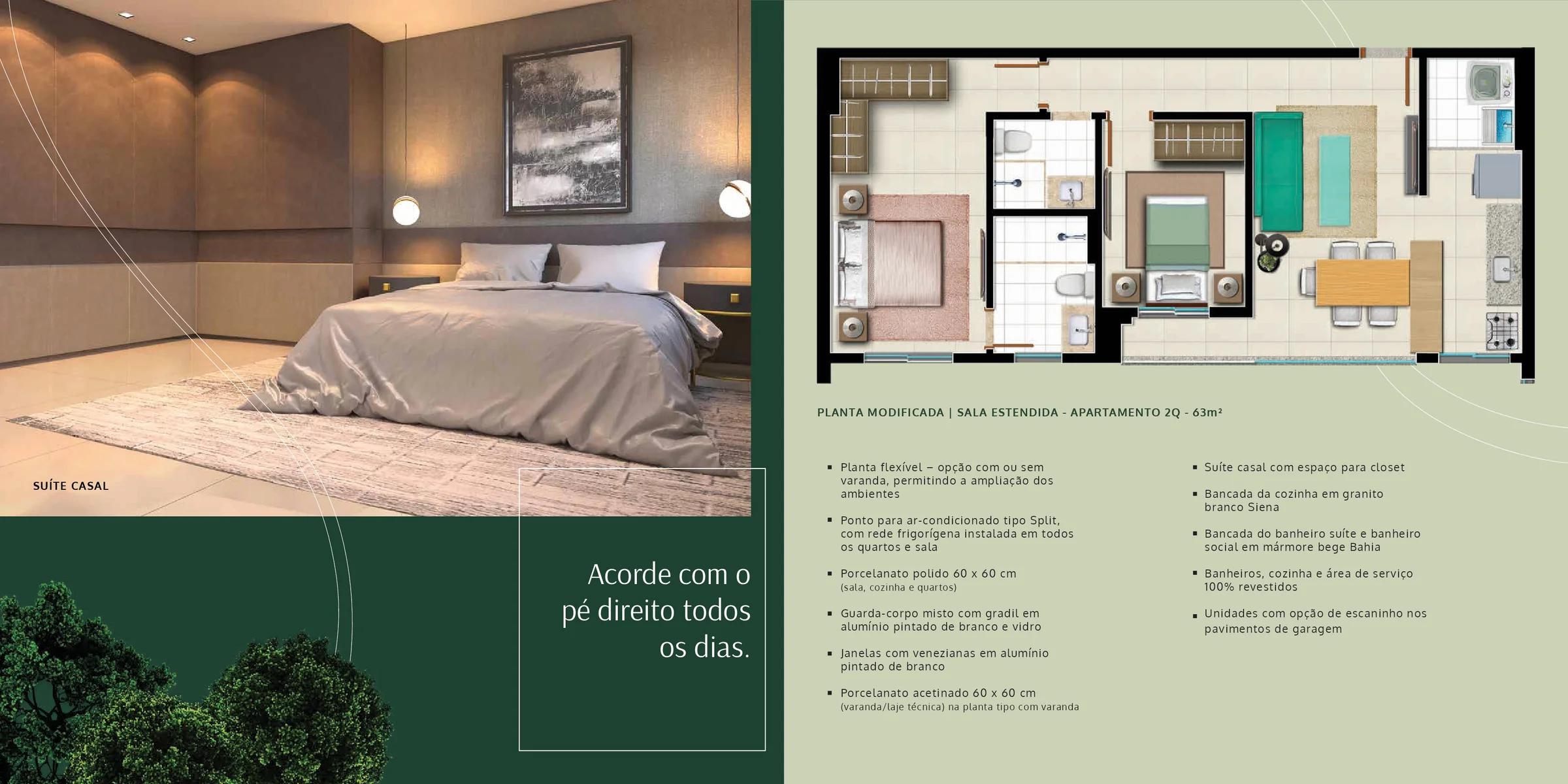 Planta — Apartamento 2 Quartos (1 Suíte) 63m² a 64m² — Pavimento inferior