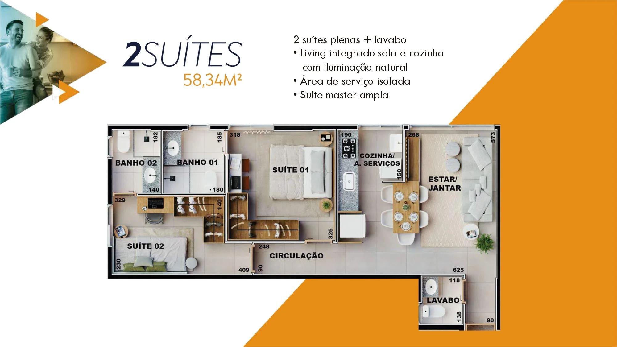Planta — Apartamento 2 Suítes 58m² — Pavimento inferior