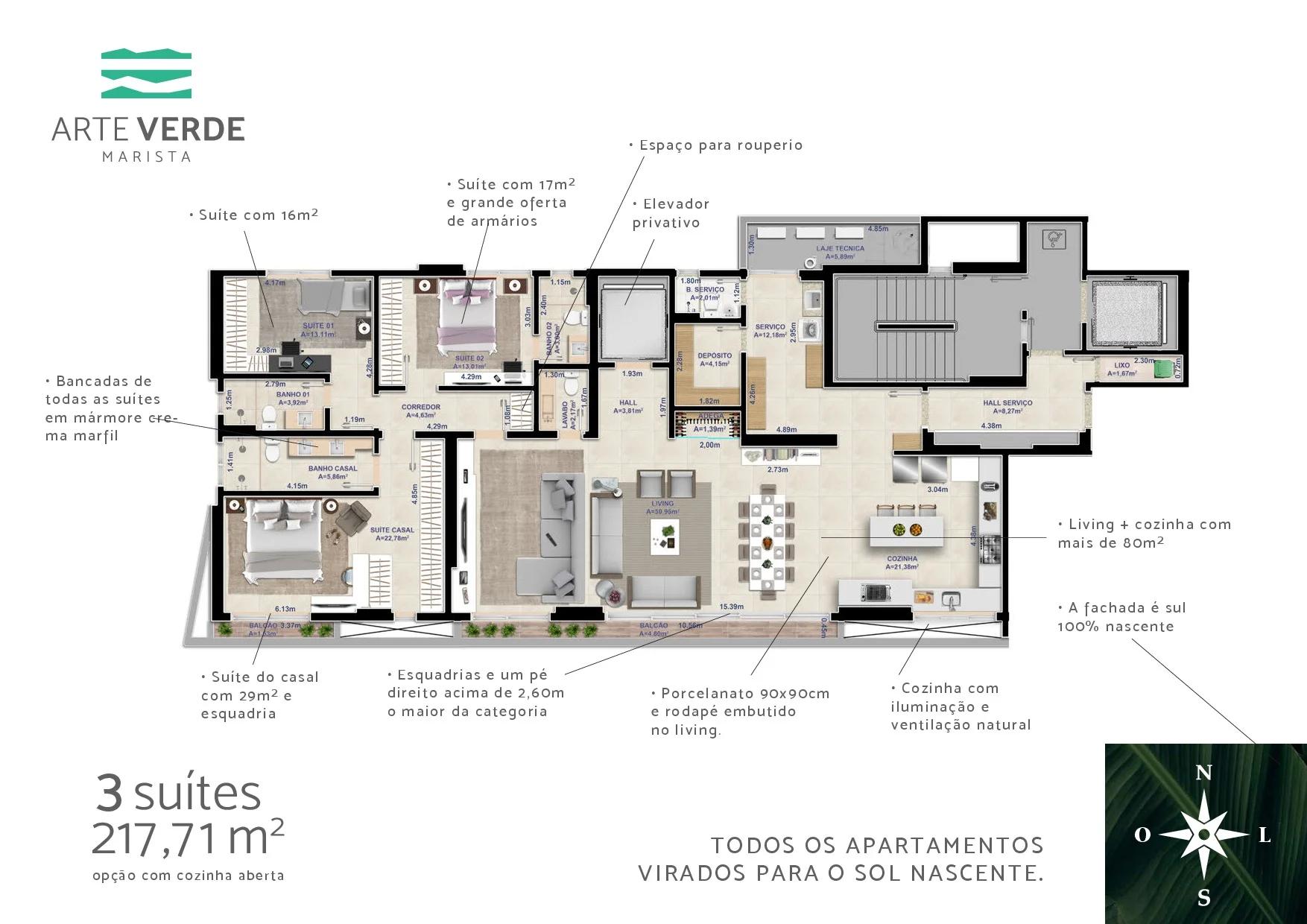 Planta — Apartamento 3 ou 4 Suítes 217m² — 3 suítes